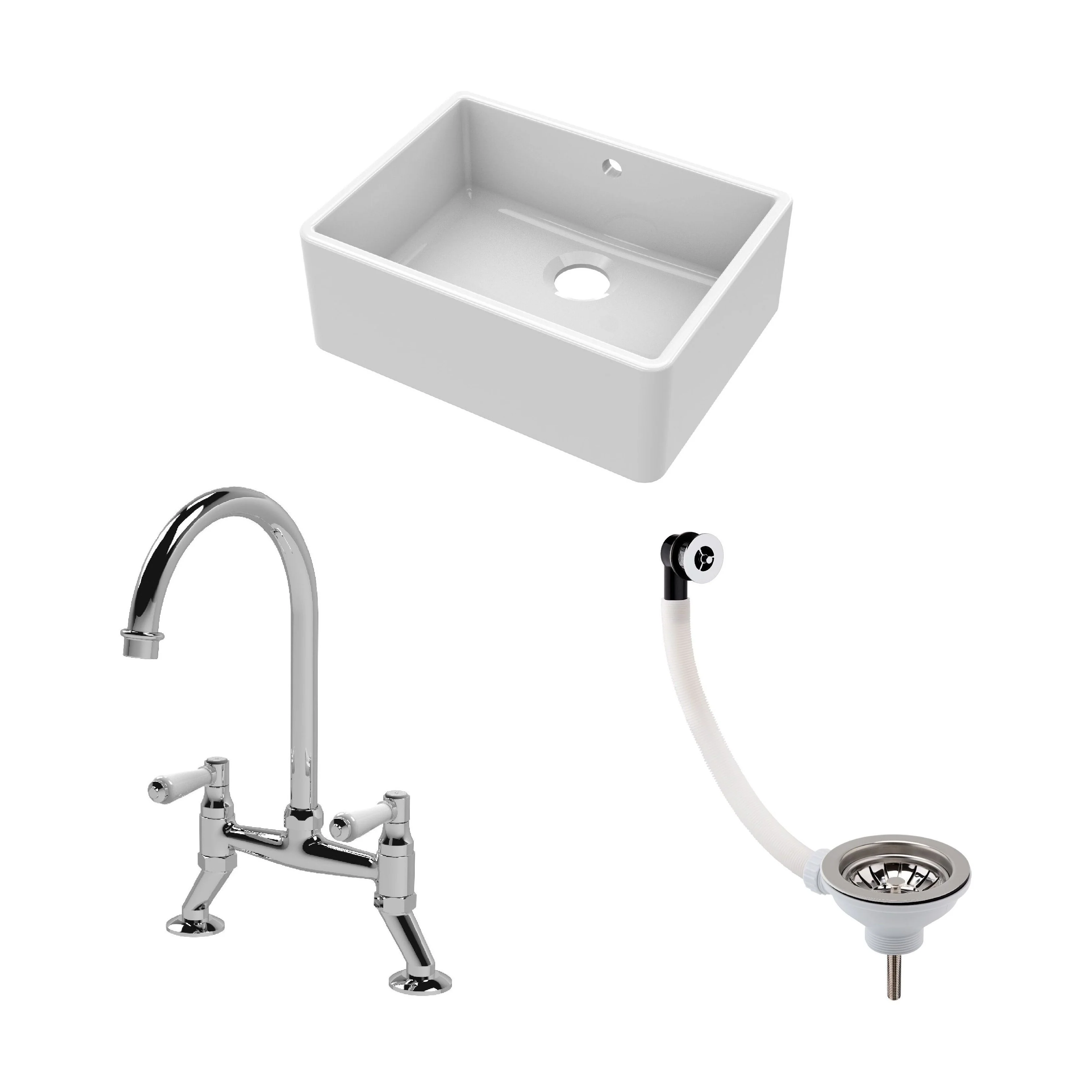 Traditional Fireclay Kitchen Bundle: Single Bowl Butler Sink with Overflow, Waste & Bridge Mixer Tap, 595mm - Chrome