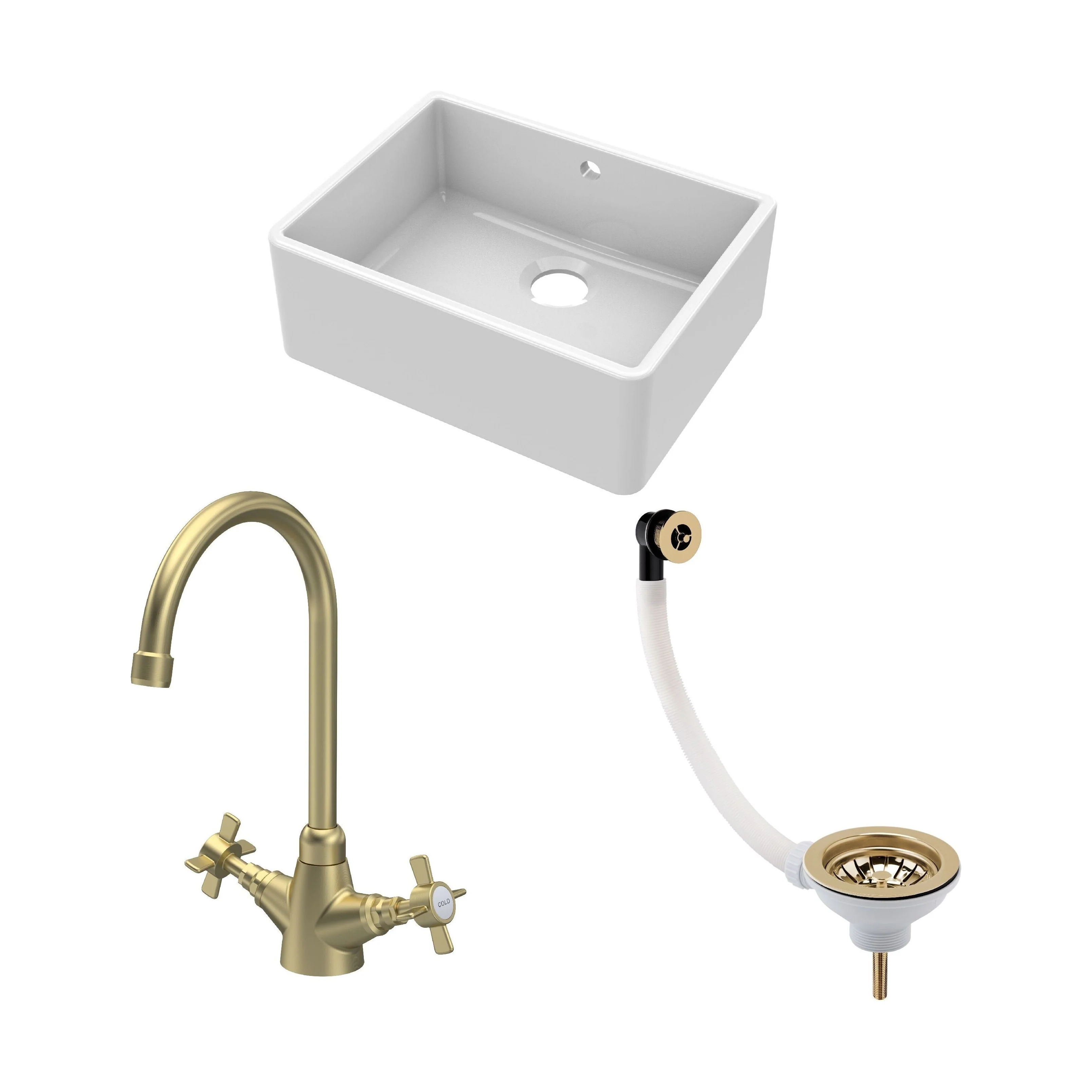Fireclay Kitchen Bundle - Single Bowl Butler Sink with Overflow, Waste & Mono Crosshead Tap, 595mm - Brushed Brass