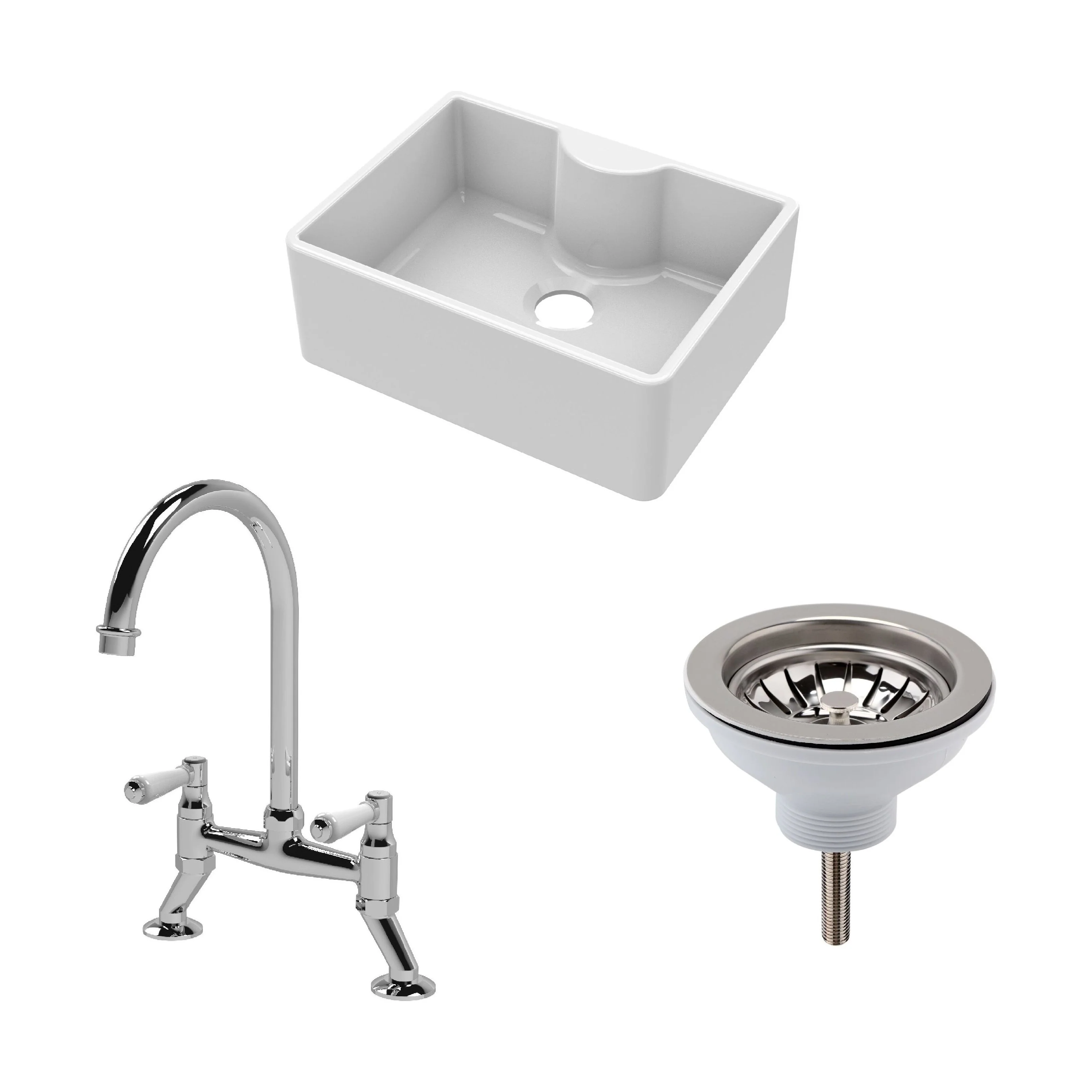 Traditional Fireclay Kitchen Bundle: Single Bowl Butler Sink with Tap Ledge, Waste & Bridge Mixer Tap, 595mm - Chrome