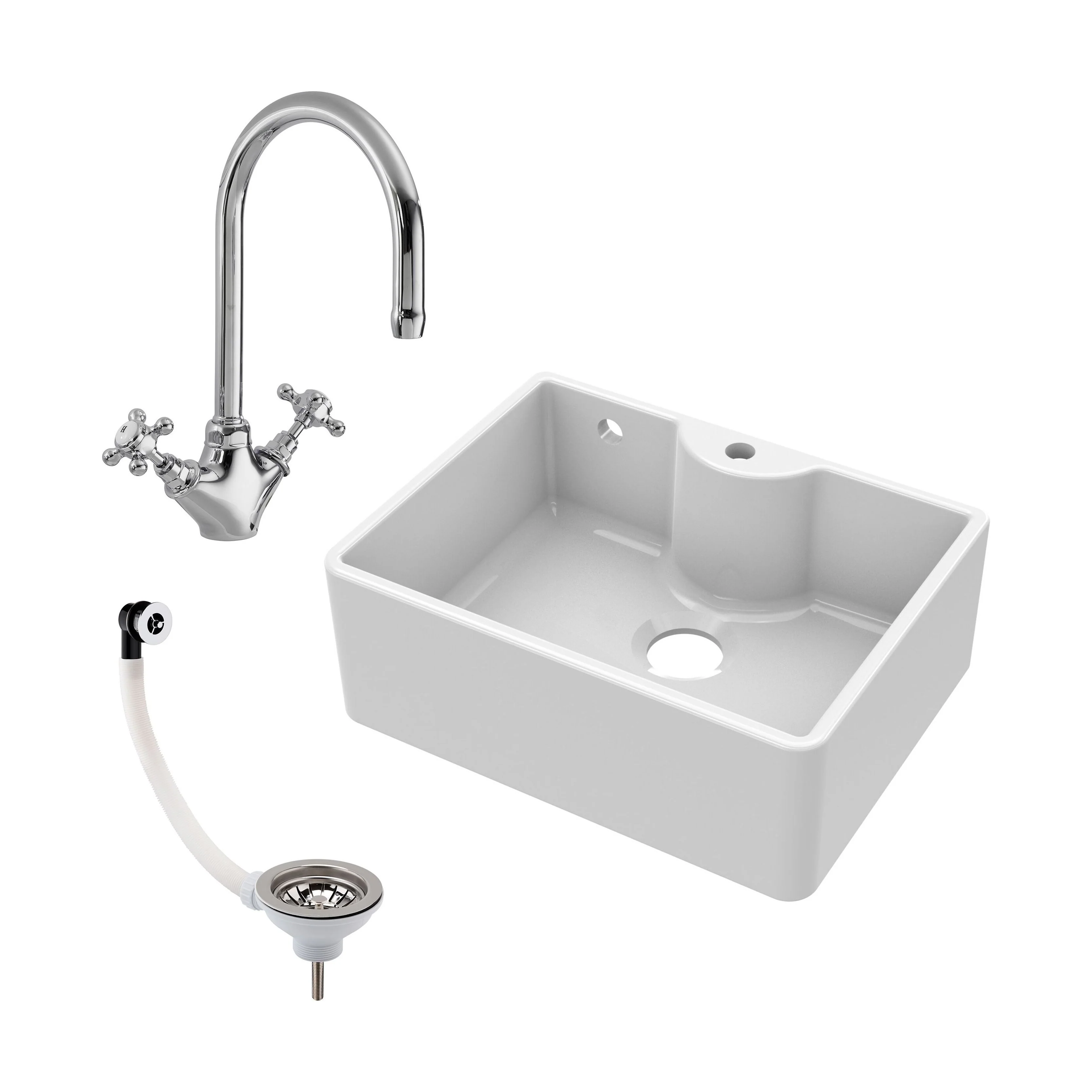 Single Bowl Fireclay Ceramic Butler Kitchen Sink Bundle with Tap Ledge, Overflow, Tap & Waste