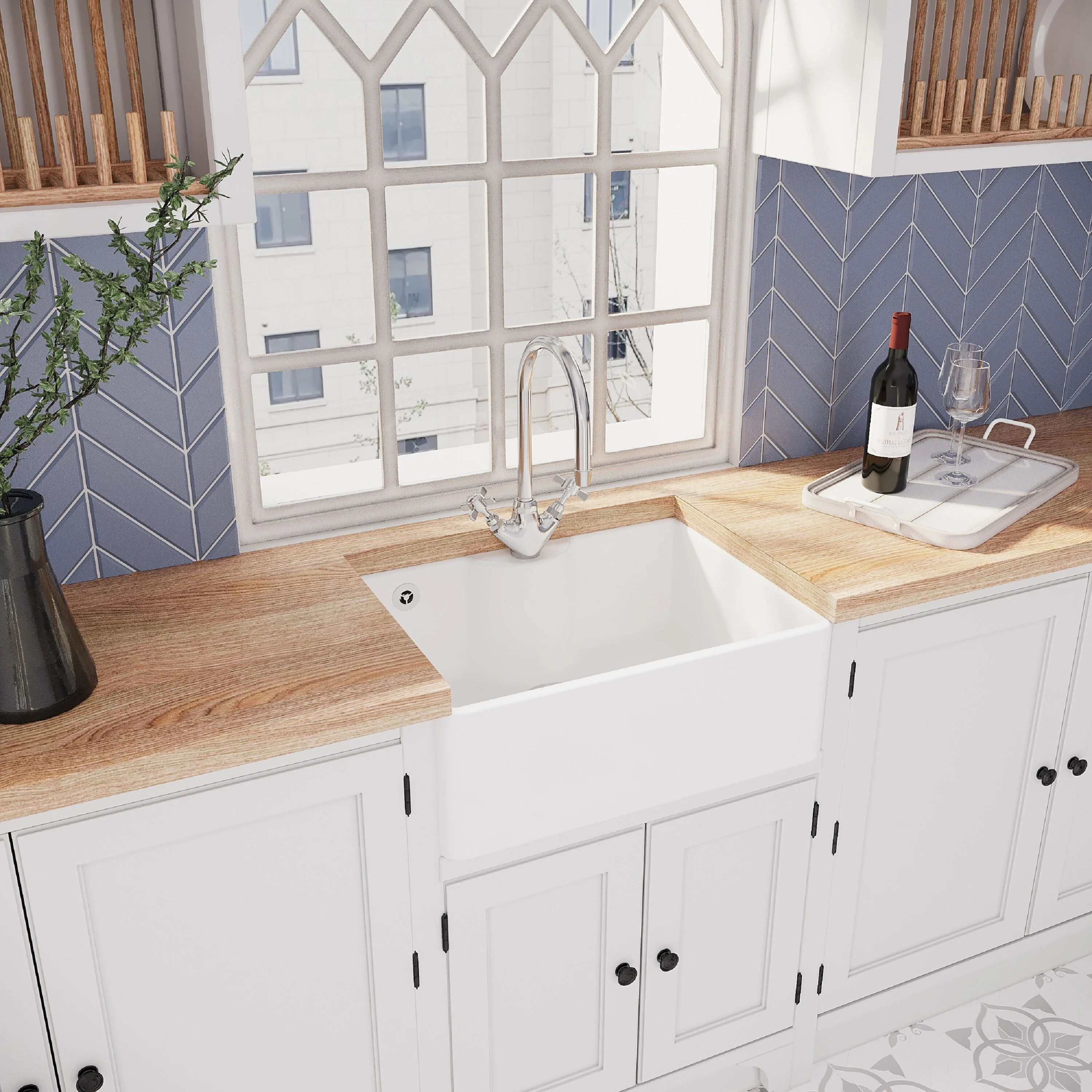 Single Bowl Fireclay Ceramic Butler Kitchen Sink Bundle with Tap Ledge, Overflow, Tap & Waste - Image 4