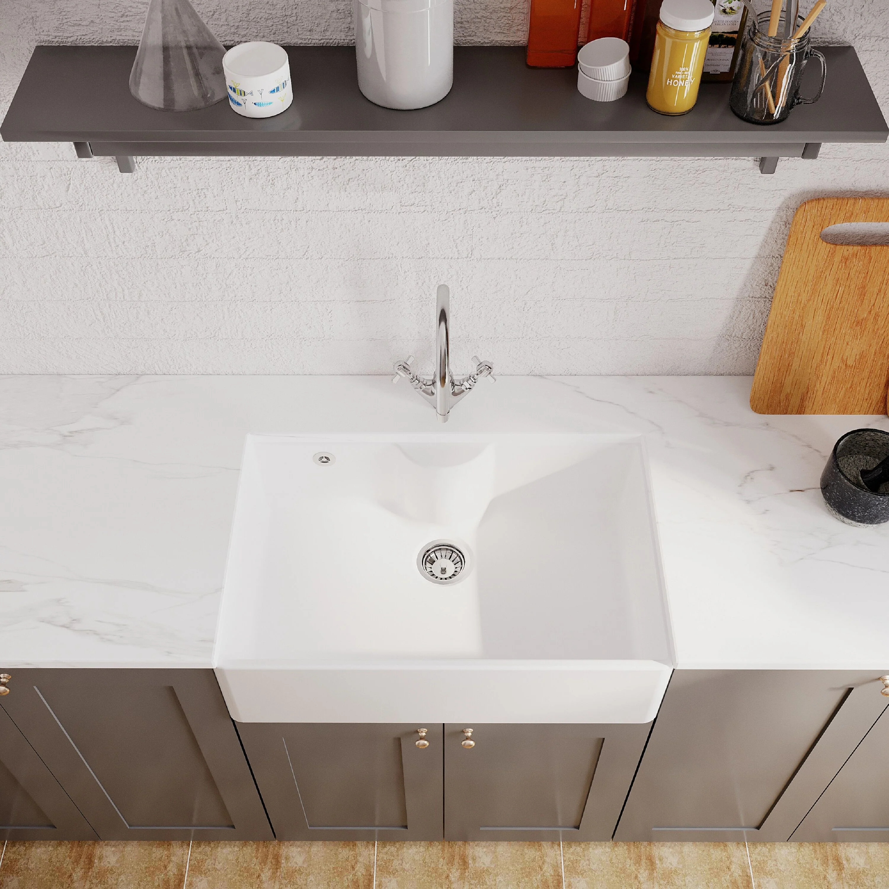 Single Bowl Fireclay Ceramic Butler Kitchen Sink Bundle with Tap Ledge, Tap & Waste - Image 3