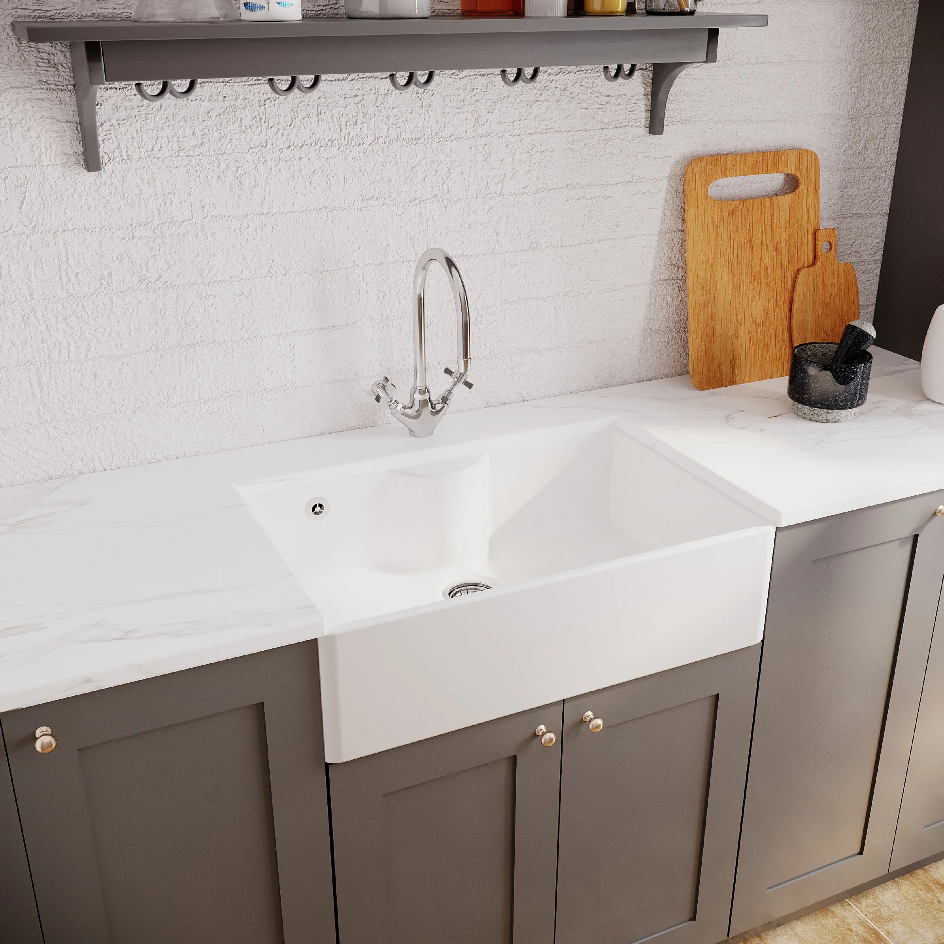 Single Bowl Fireclay Ceramic Butler Kitchen Sink Bundle with Tap Ledge, Tap & Waste - Image 4