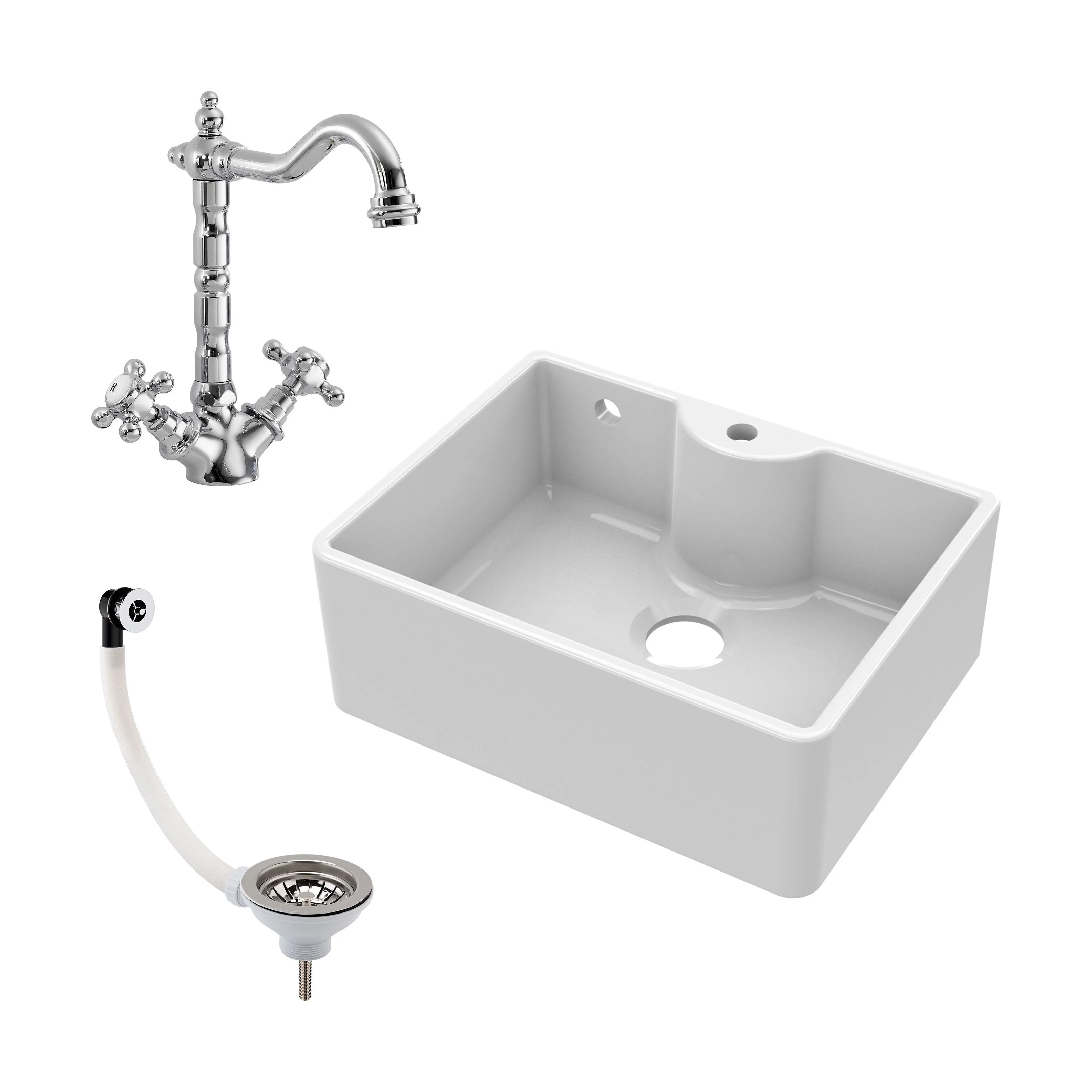 Single Bowl Fireclay Ceramic Butler Kitchen Sink Bundle with Tap Ledge, Overflow, Classic Tap & Waste