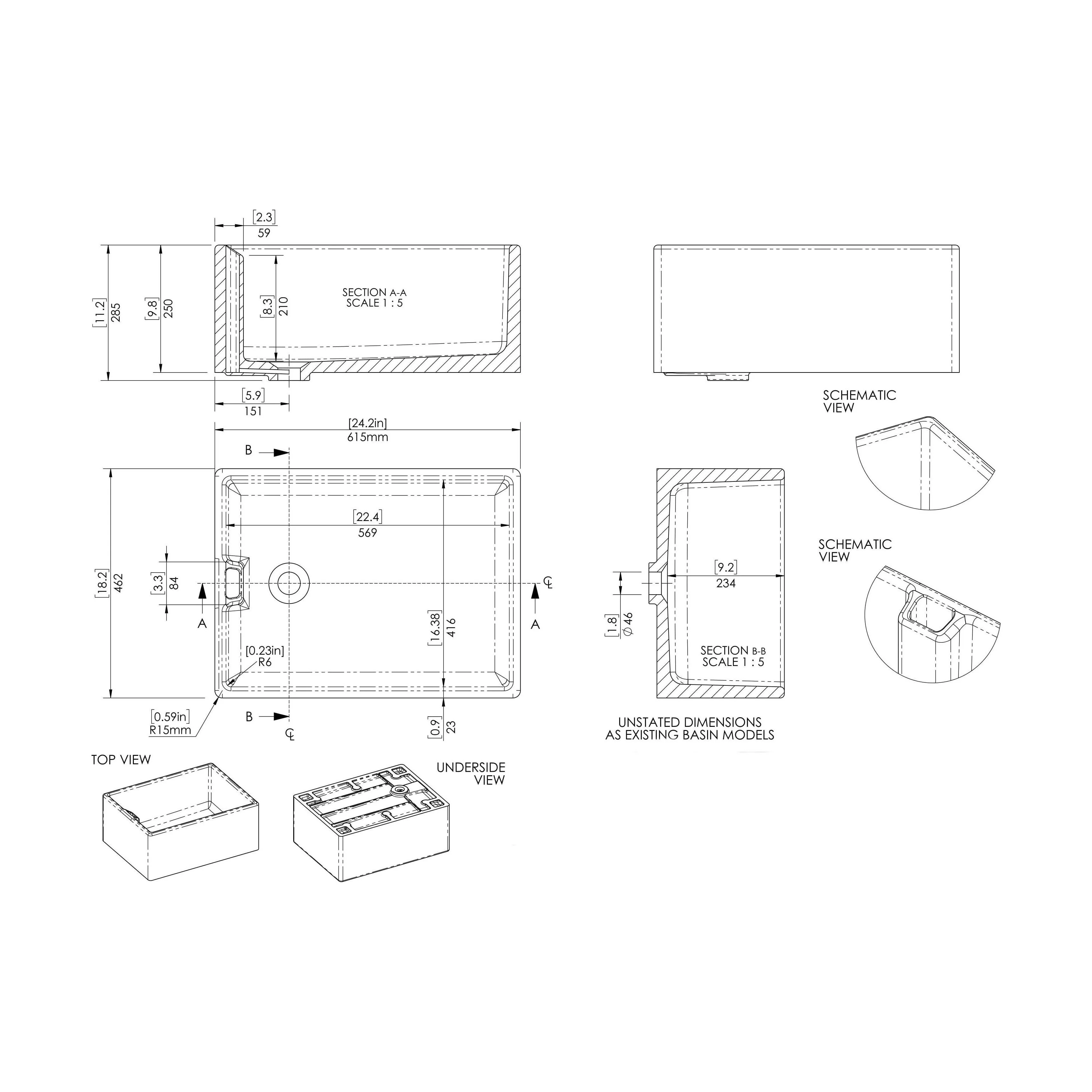Single Bowl Fireclay Ceramic Belfast Kitchen Sink with Overflow - 615mm - Image 6