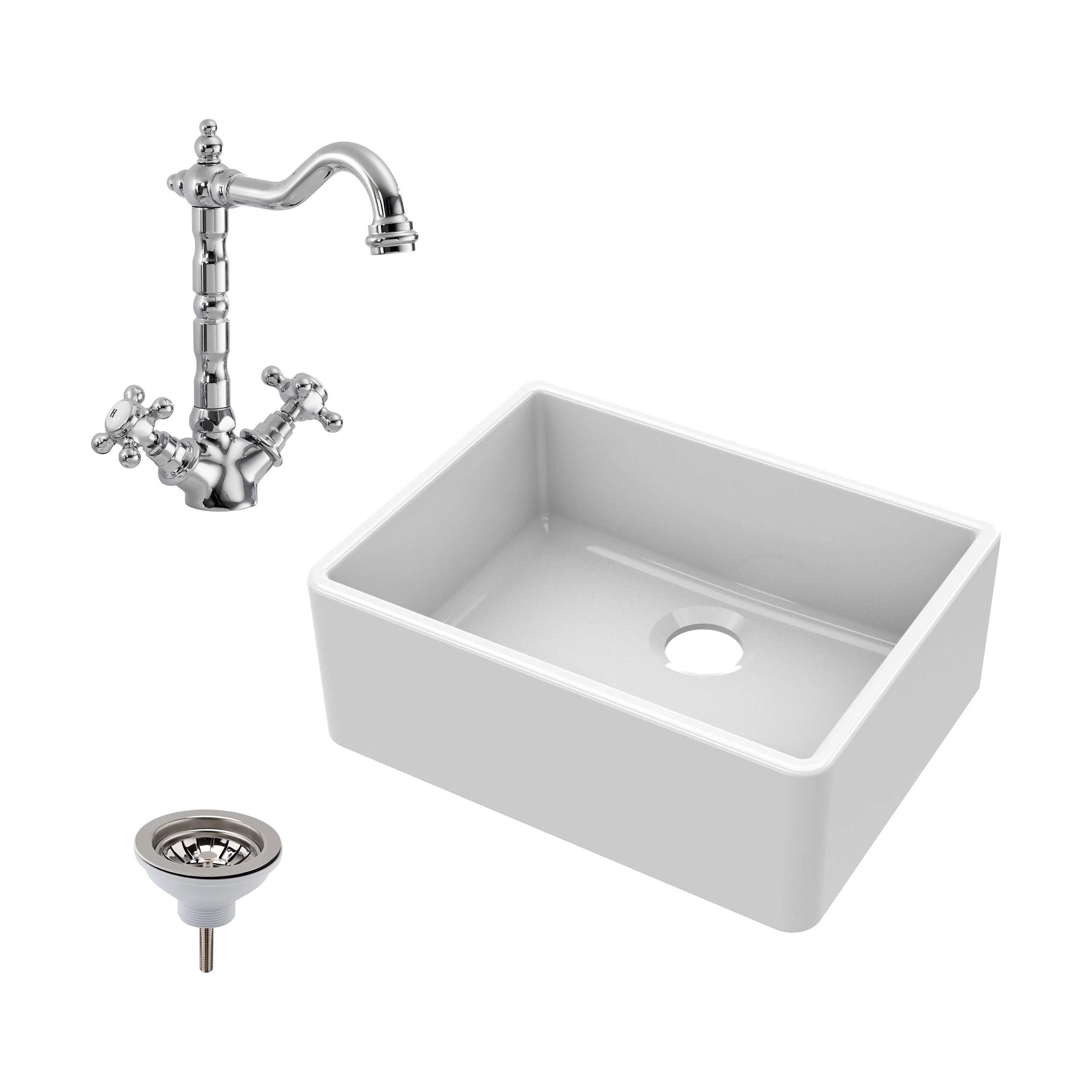 Single Bowl Fireclay Ceramic Butler Kitchen Bundle with Compatible Waste & French Tap