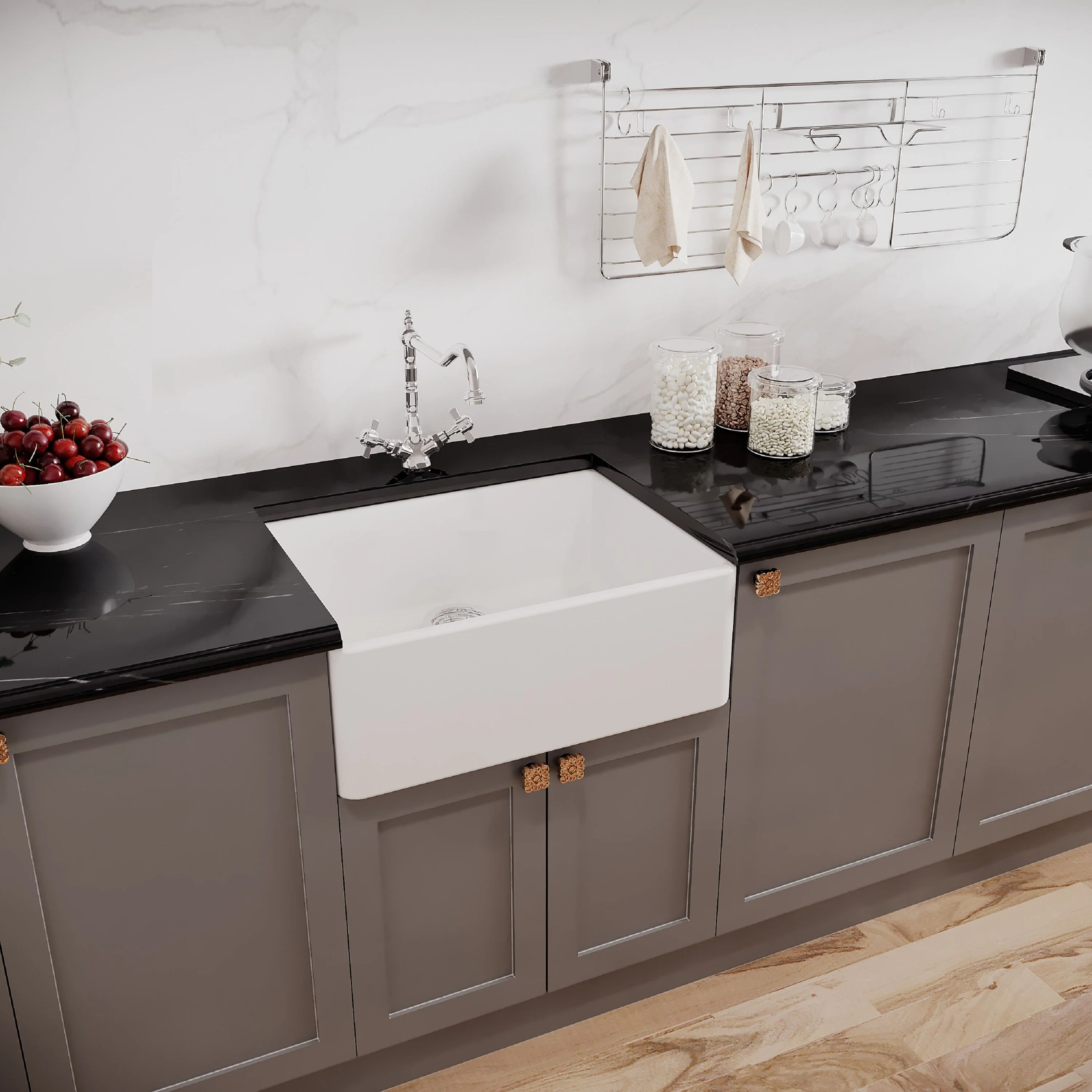 Single Bowl Fireclay Ceramic Butler Kitchen Bundle with Compatible Waste & French Tap - Image 4