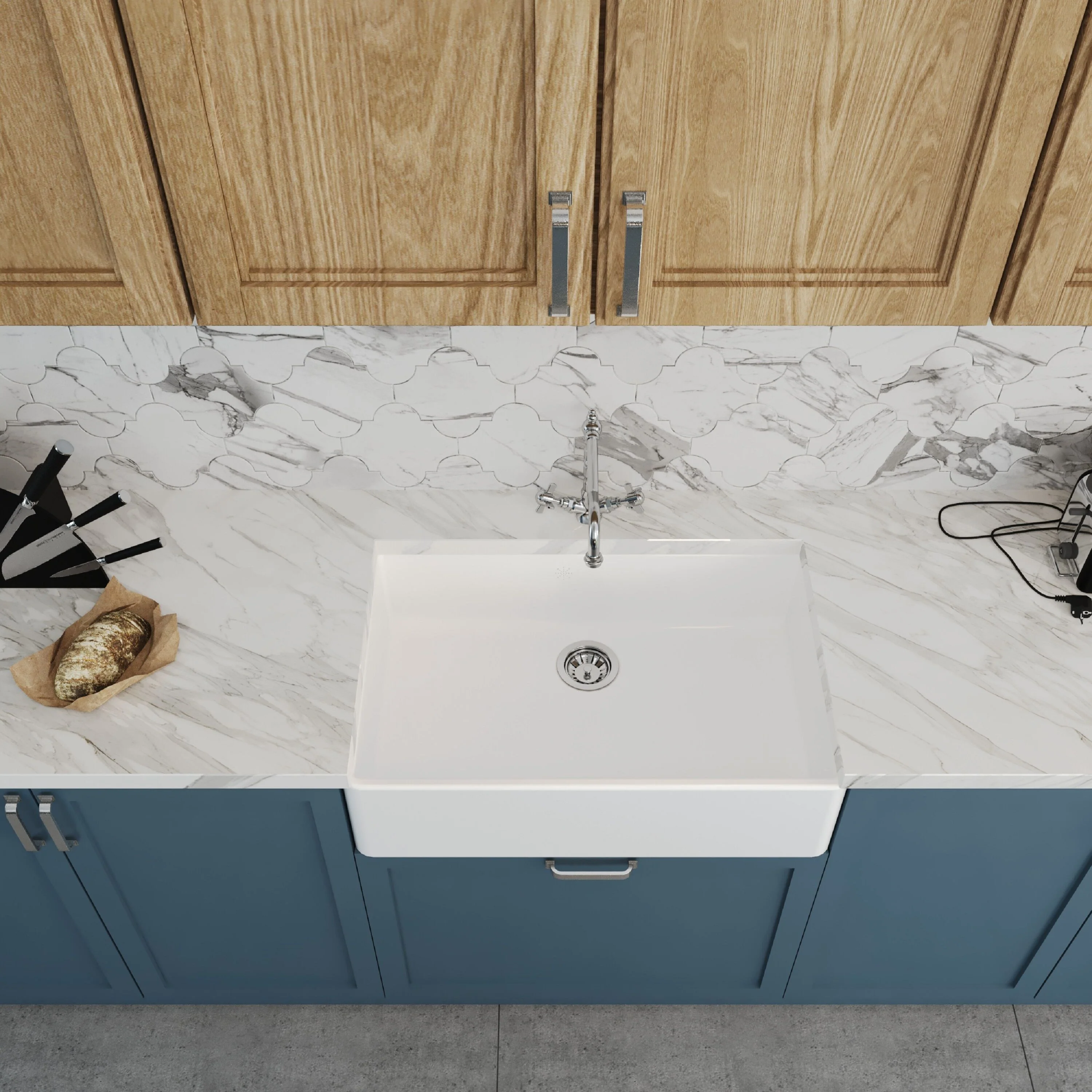 Traditional Single Bowl Fireclay Ceramic Butler Kitchen Sink Bundle with French Classic Tap & Waste - Chrome - Image 4