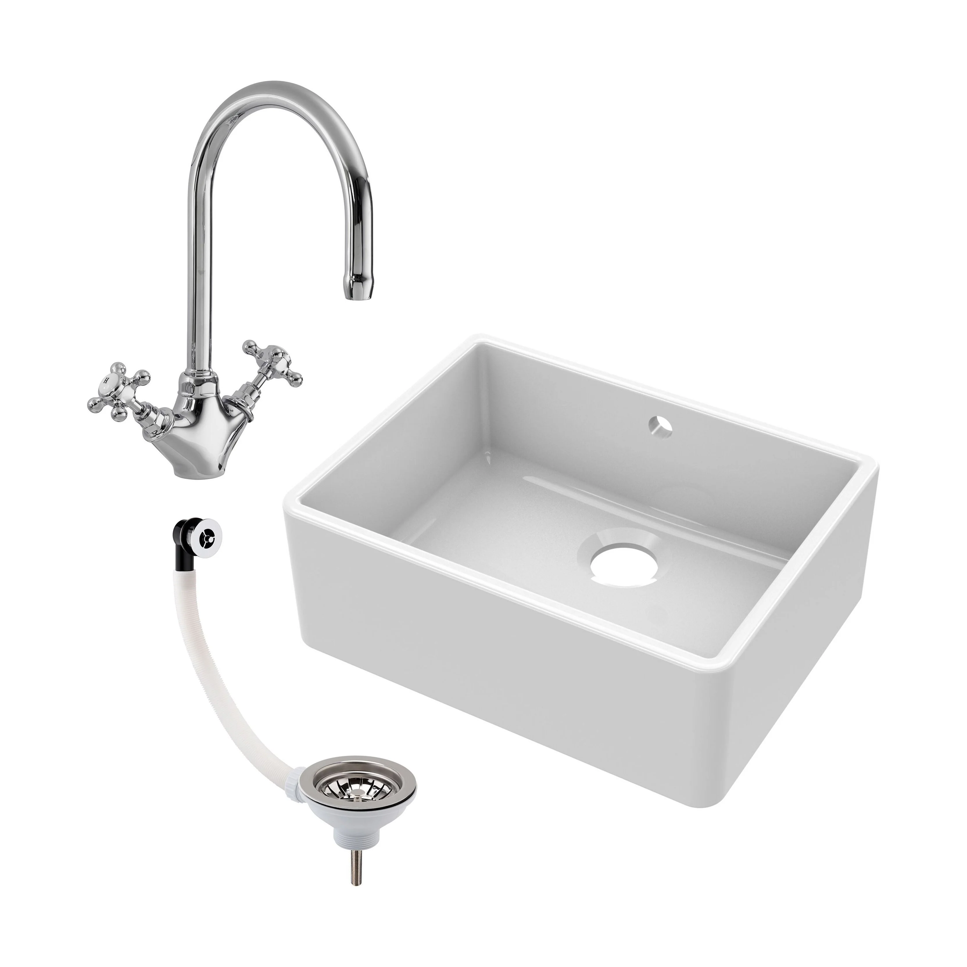 Single Bowl Fireclay Ceramic Butler Kitchen Sink Bundle with Overflow, Mixer Tap & Waste