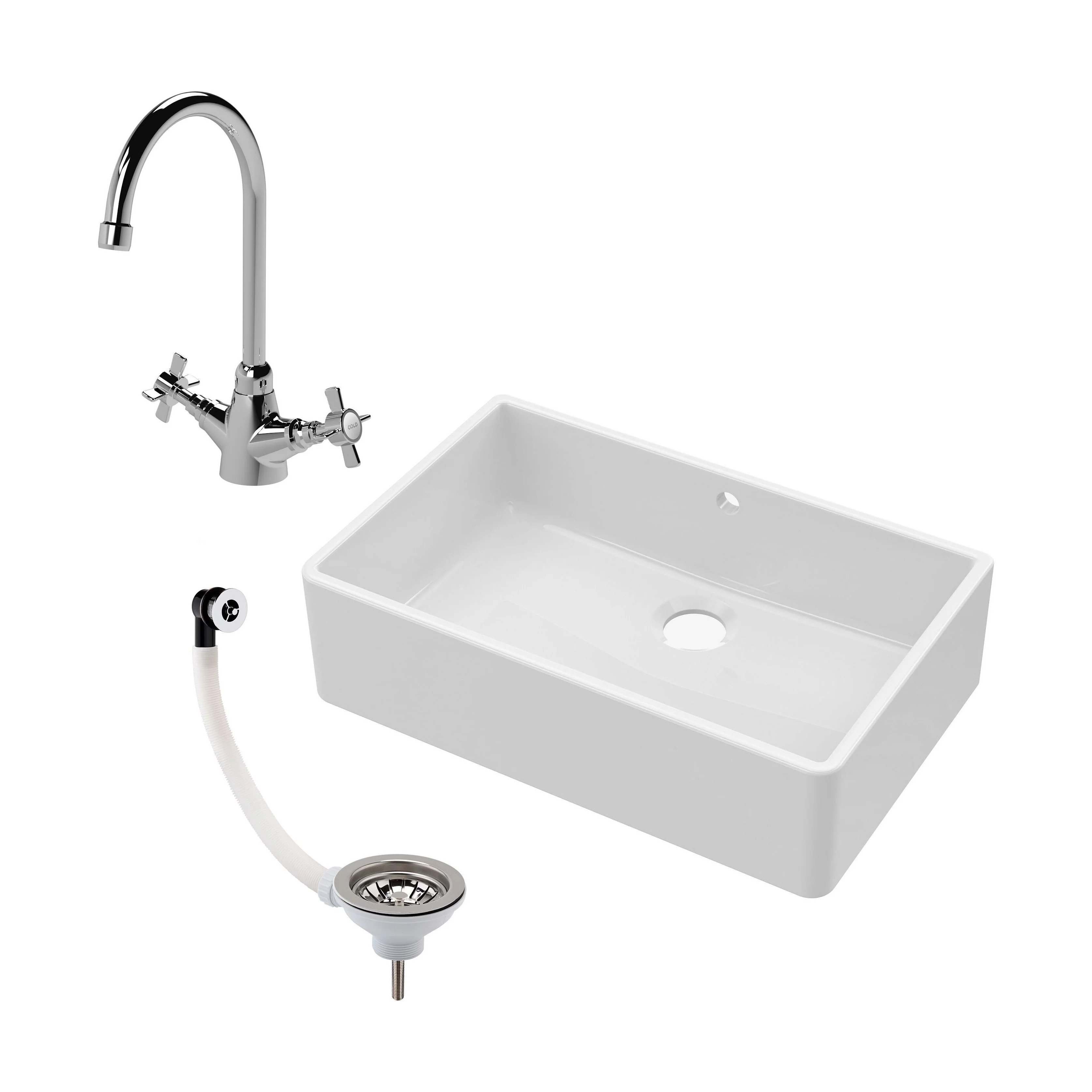 Single Bowl Fireclay Ceramic Butler Kitchen Sink Bundle inc Mixer Tap, Overflow & Waste