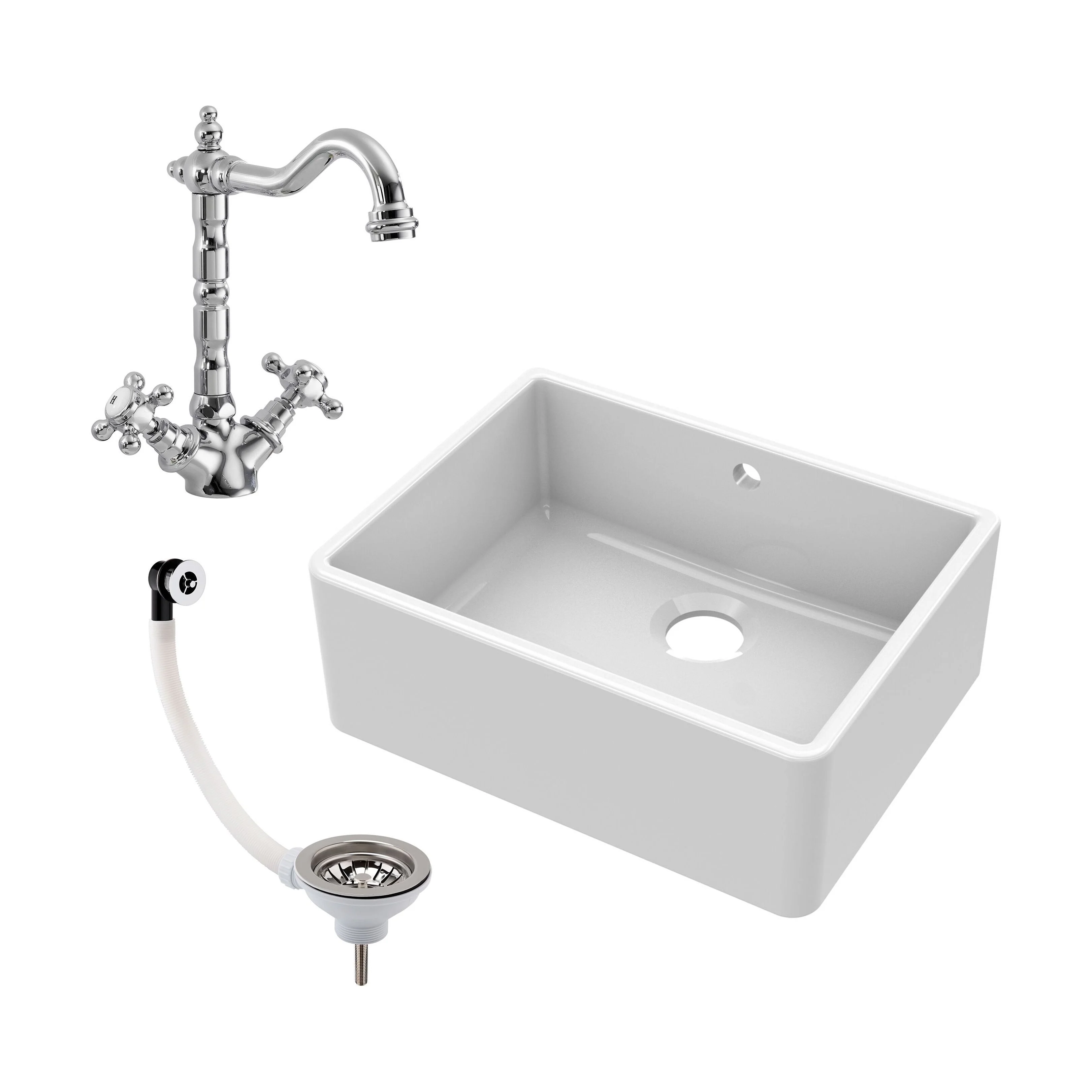 Single Bowl Fireclay Ceramic Butler Kitchen Sink Bundle with Classic Tap & Waste