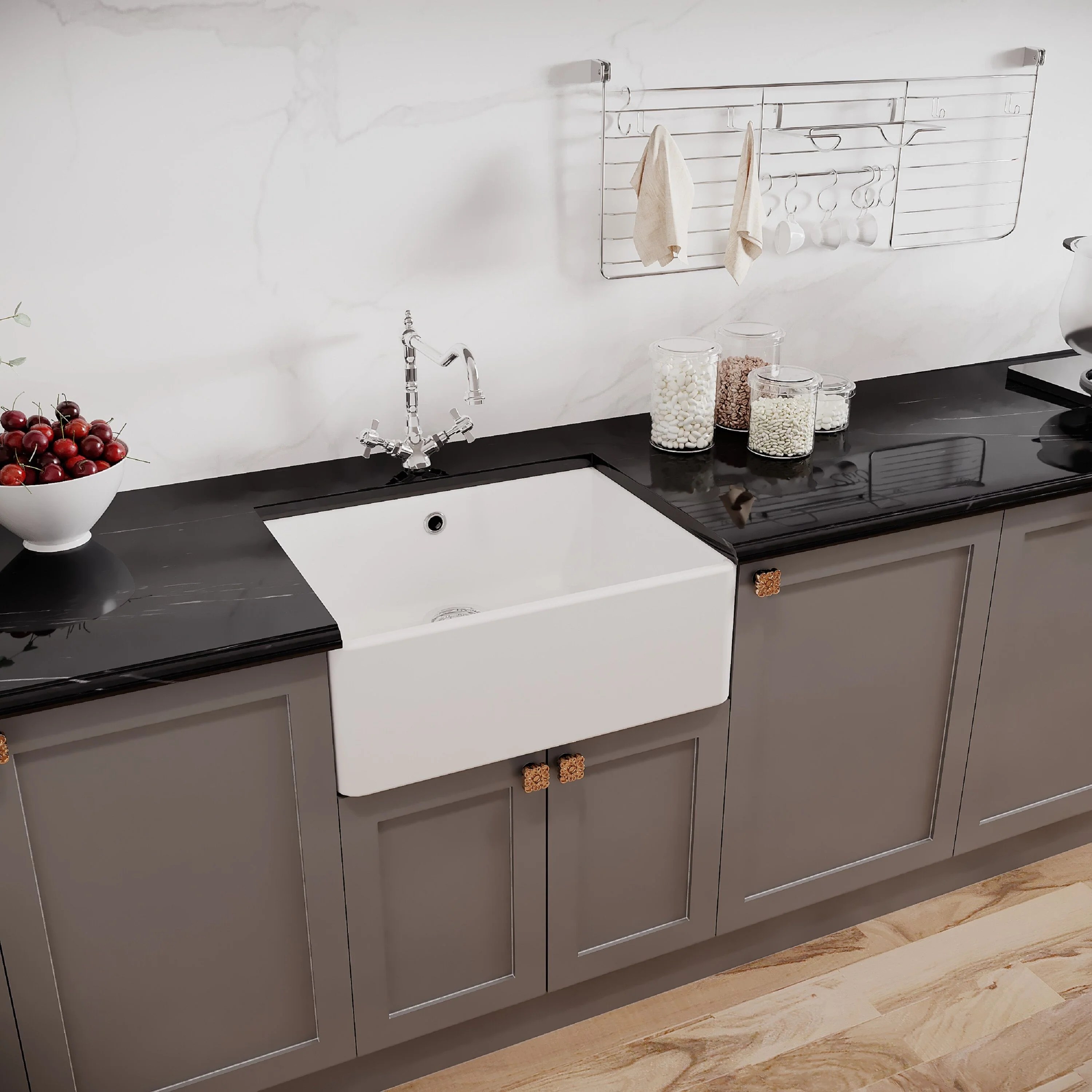 Single Bowl Fireclay Ceramic Butler Kitchen Sink Bundle with Classic Tap & Waste - Image 4