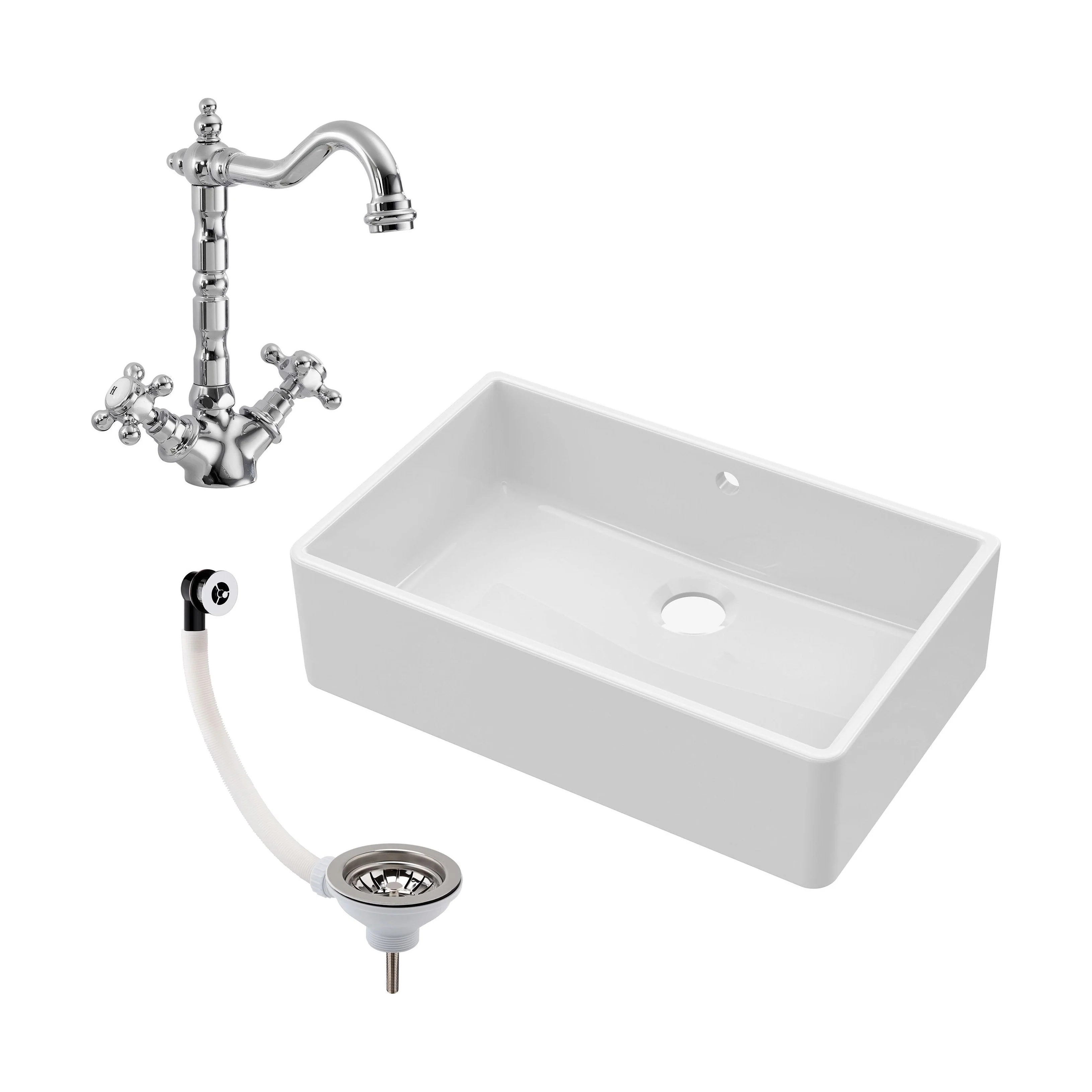 Single Bowl Fireclay Butler Kitchen Sink Bundle inc French Classic Tap & Overflow