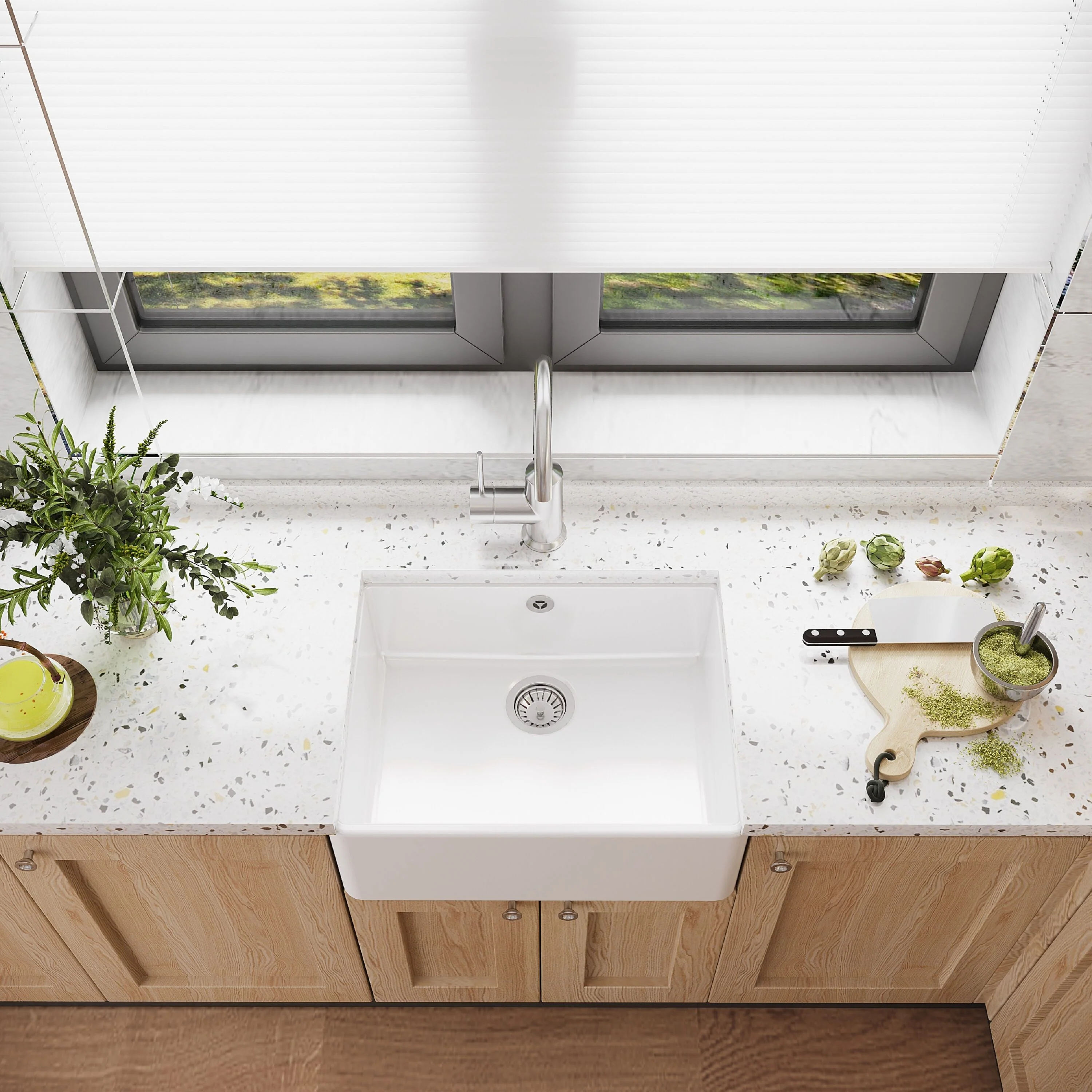 Single Bowl Fireclay Ceramic Butler Kitchen Sink with Overflow - 595mm - Image 3
