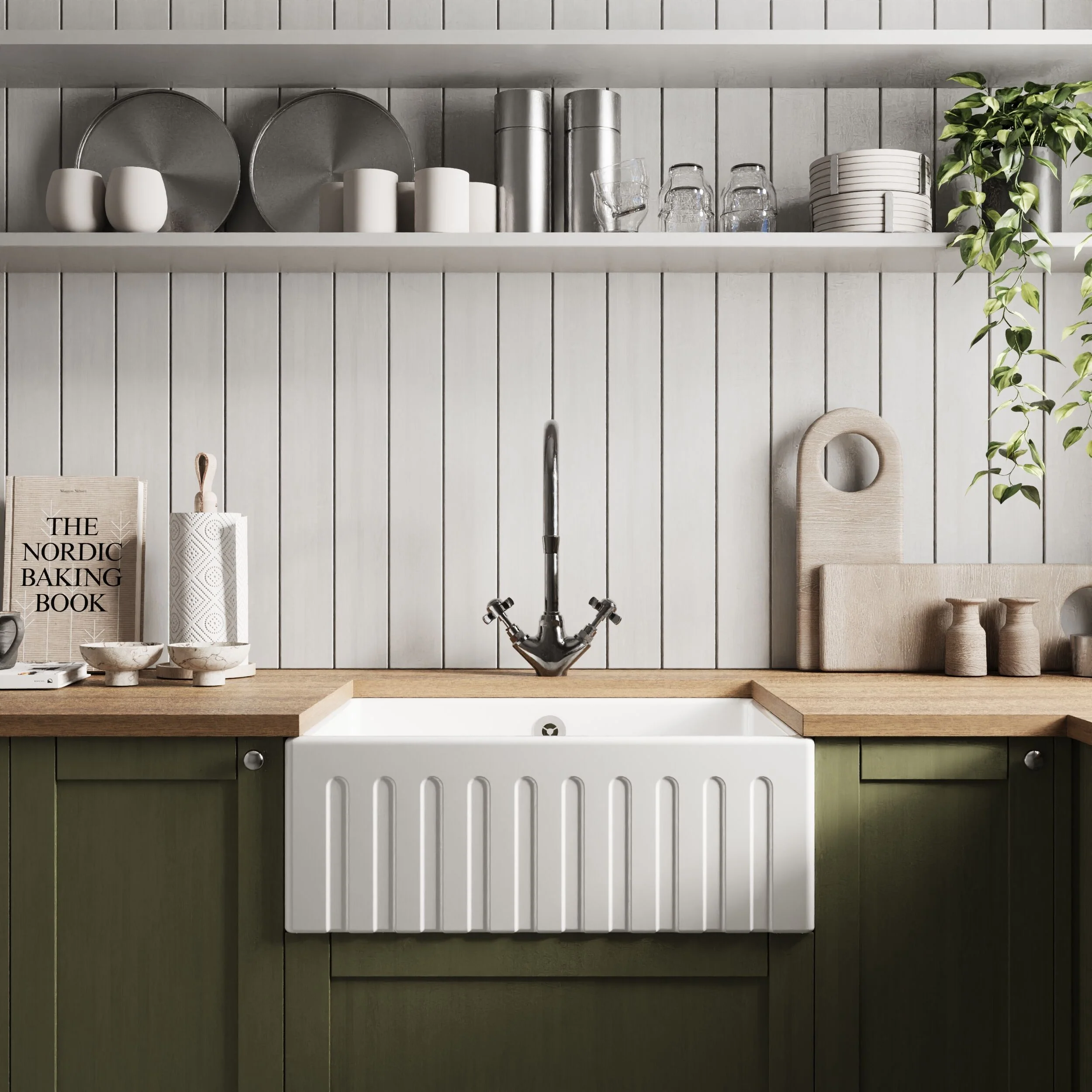 Single Bowl Fluted Front Fireclay Ceramic Butler Kitchen Sink with Overflow - 595mm - Image 2