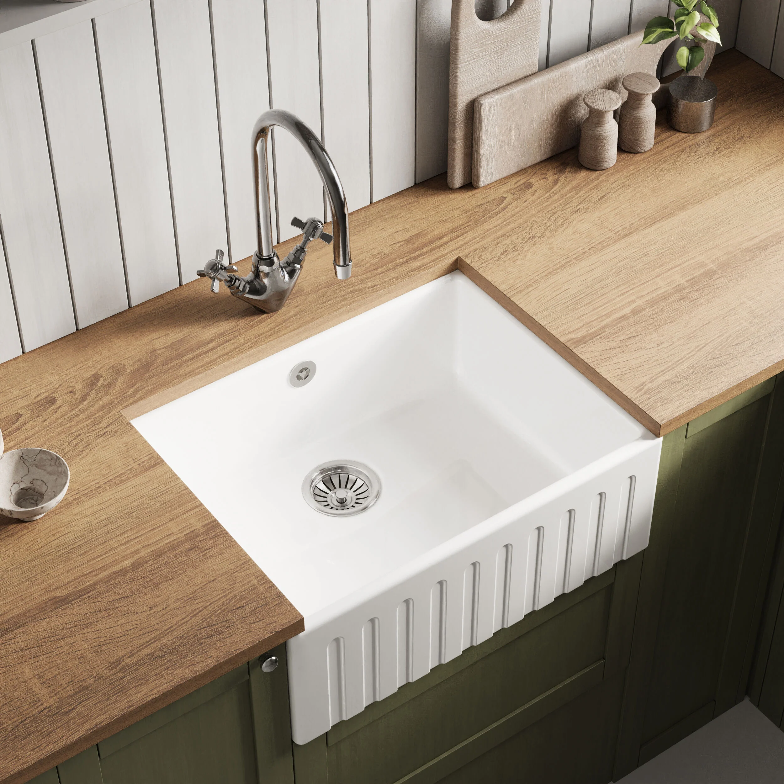 Single Bowl Fluted Front Fireclay Ceramic Butler Kitchen Sink with Overflow - 595mm - Image 3