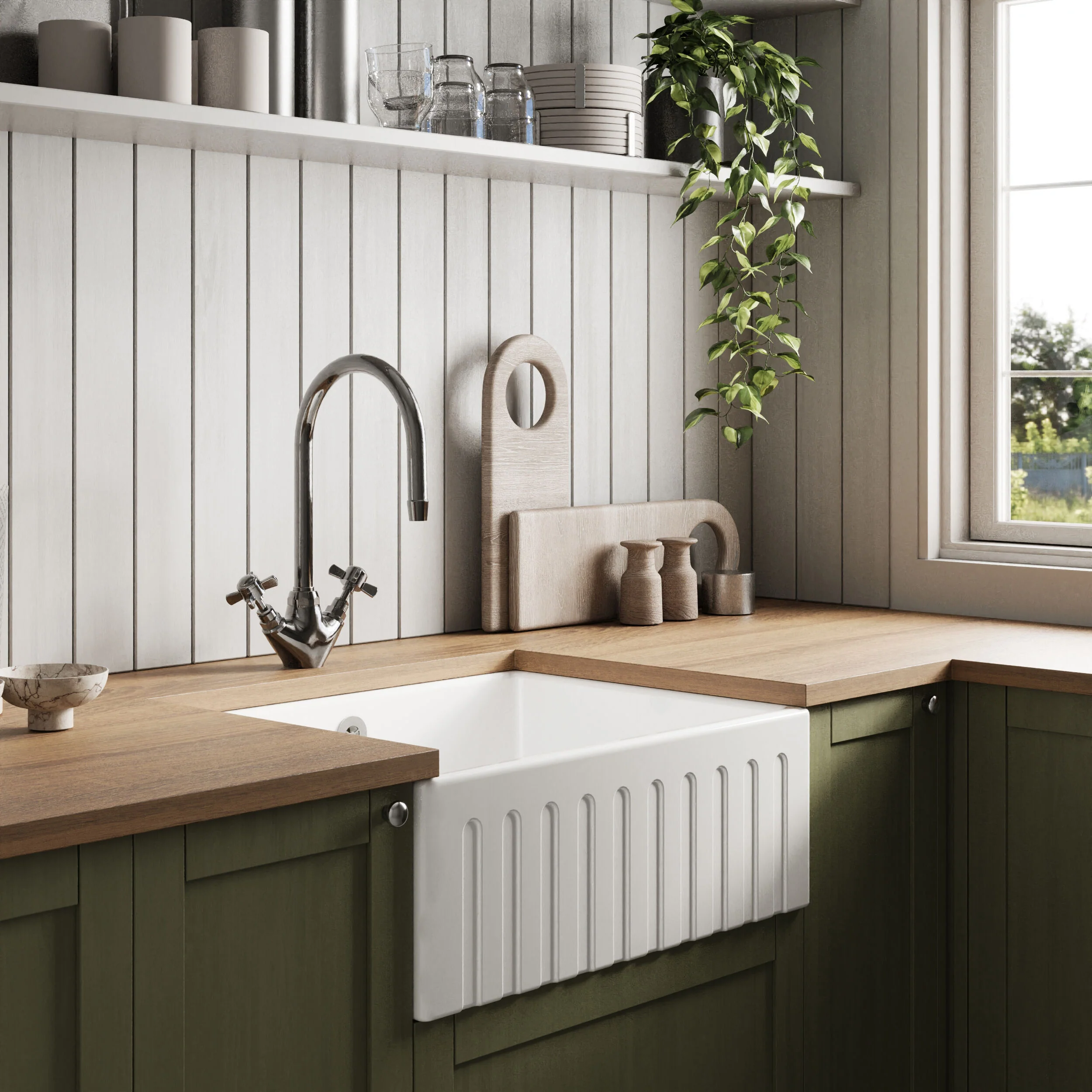 Single Bowl Fluted Front Fireclay Ceramic Butler Kitchen Sink with Overflow - 595mm - Image 4