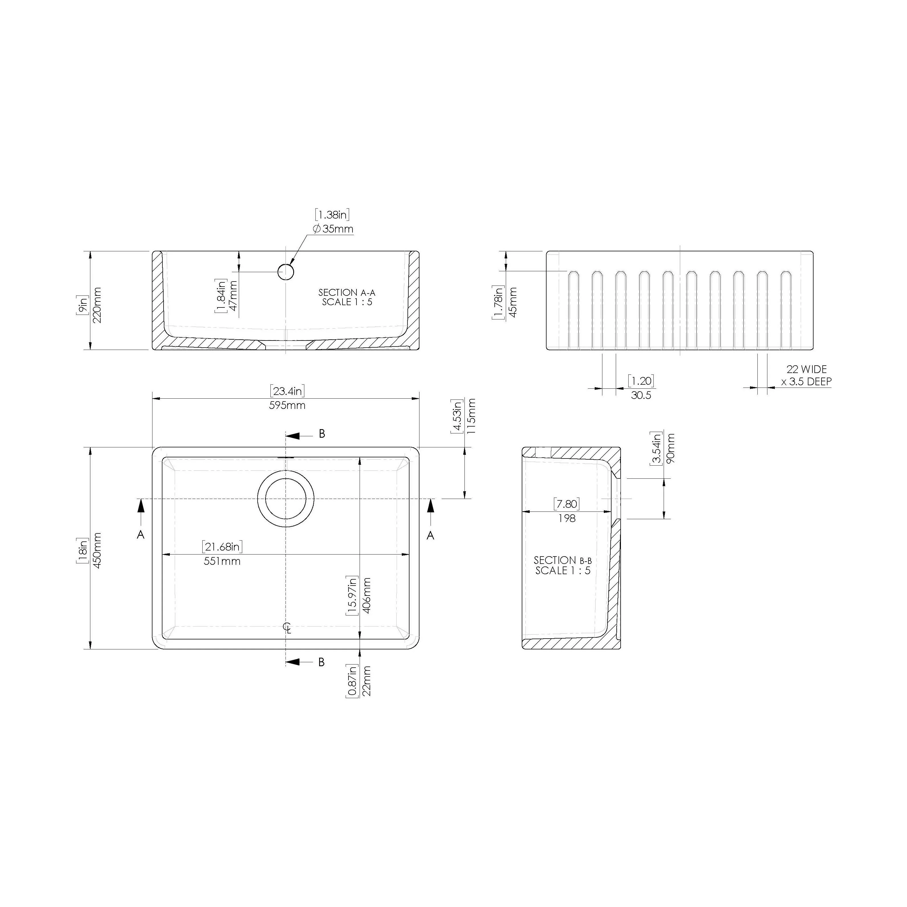 Single Bowl Fluted Front Fireclay Ceramic Butler Kitchen Sink with Overflow - 595mm - Image 6