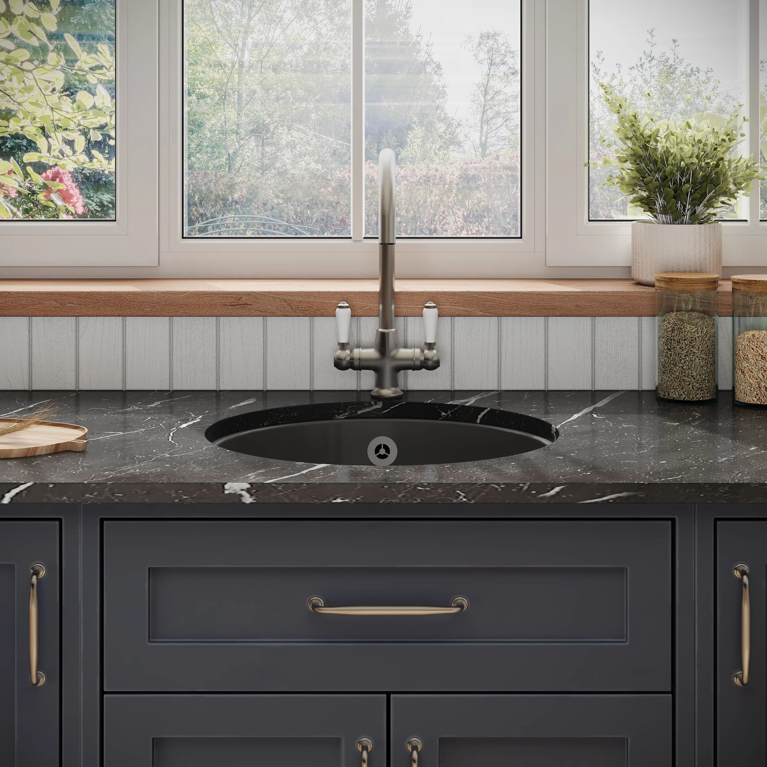 Fireclay Single Bowl Round Undermount Kitchen Sink, Central Waste Position & Overflow - 460mm - Multiple Colours Available - Image 4