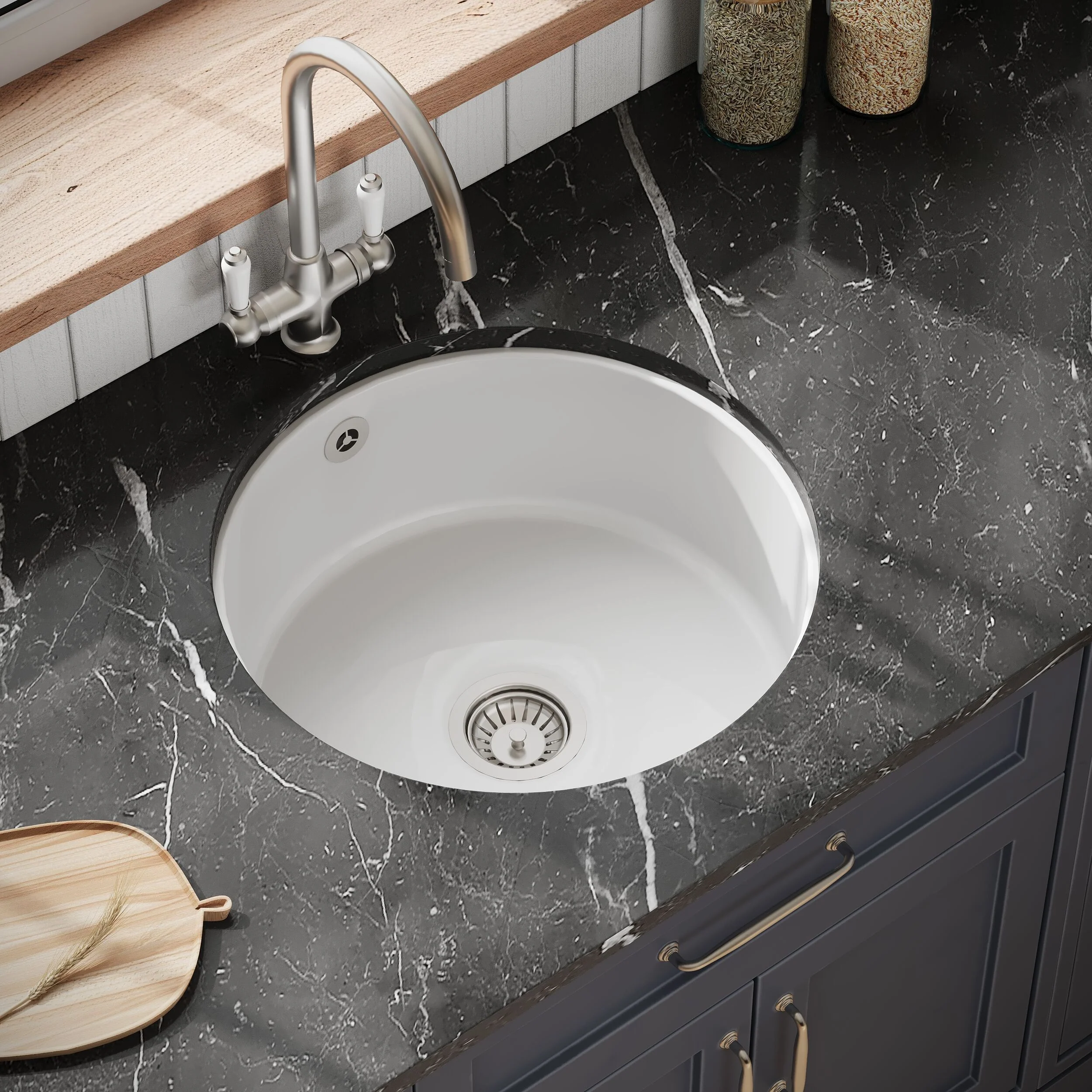 Fireclay Single Bowl Round Undermount Kitchen Sink, Central Waste Position & Overflow - 460mm - Multiple Colours Available - Image 5