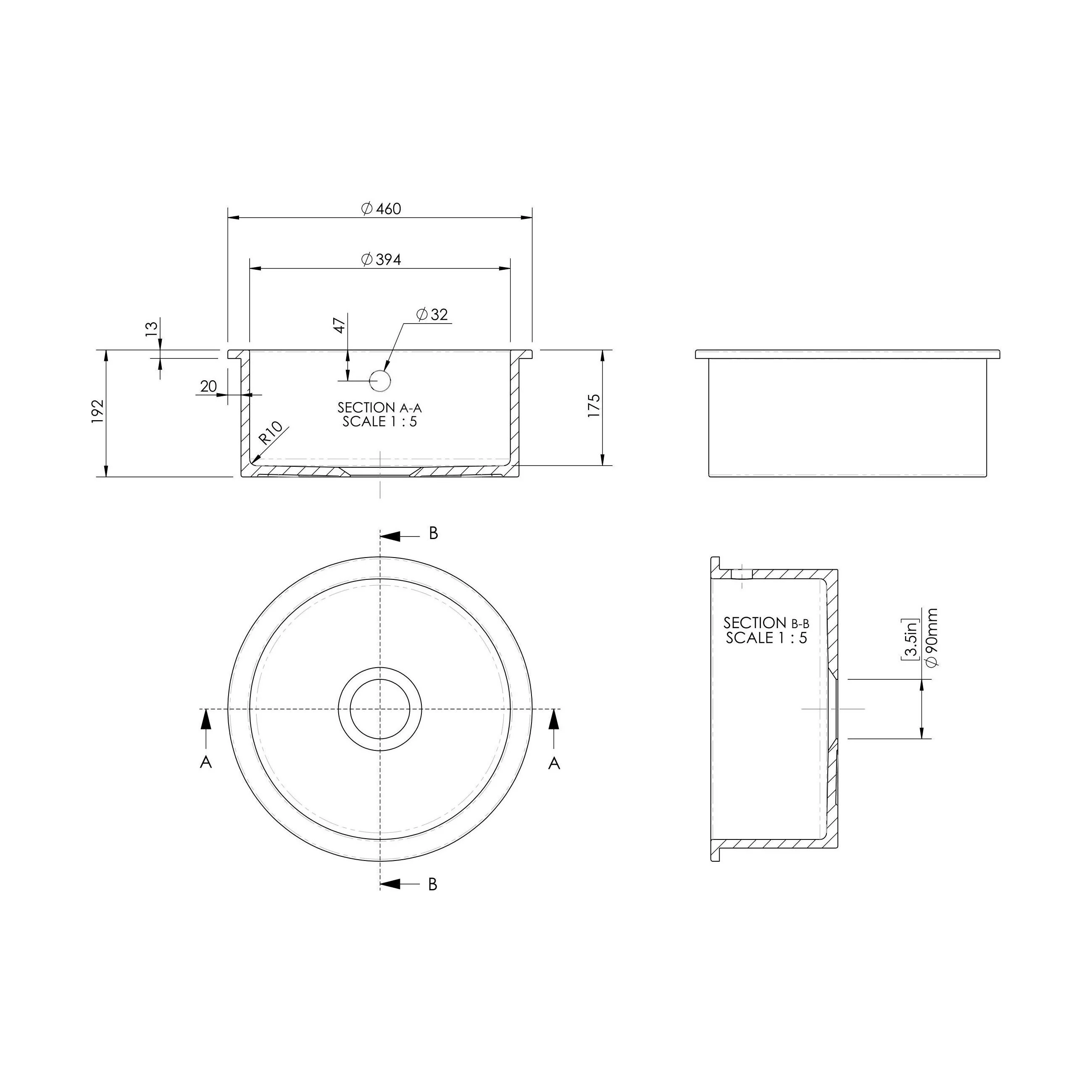 Fireclay Single Bowl Round Undermount Kitchen Sink, Central Waste Position & Overflow - 460mm - Multiple Colours Available - Image 9