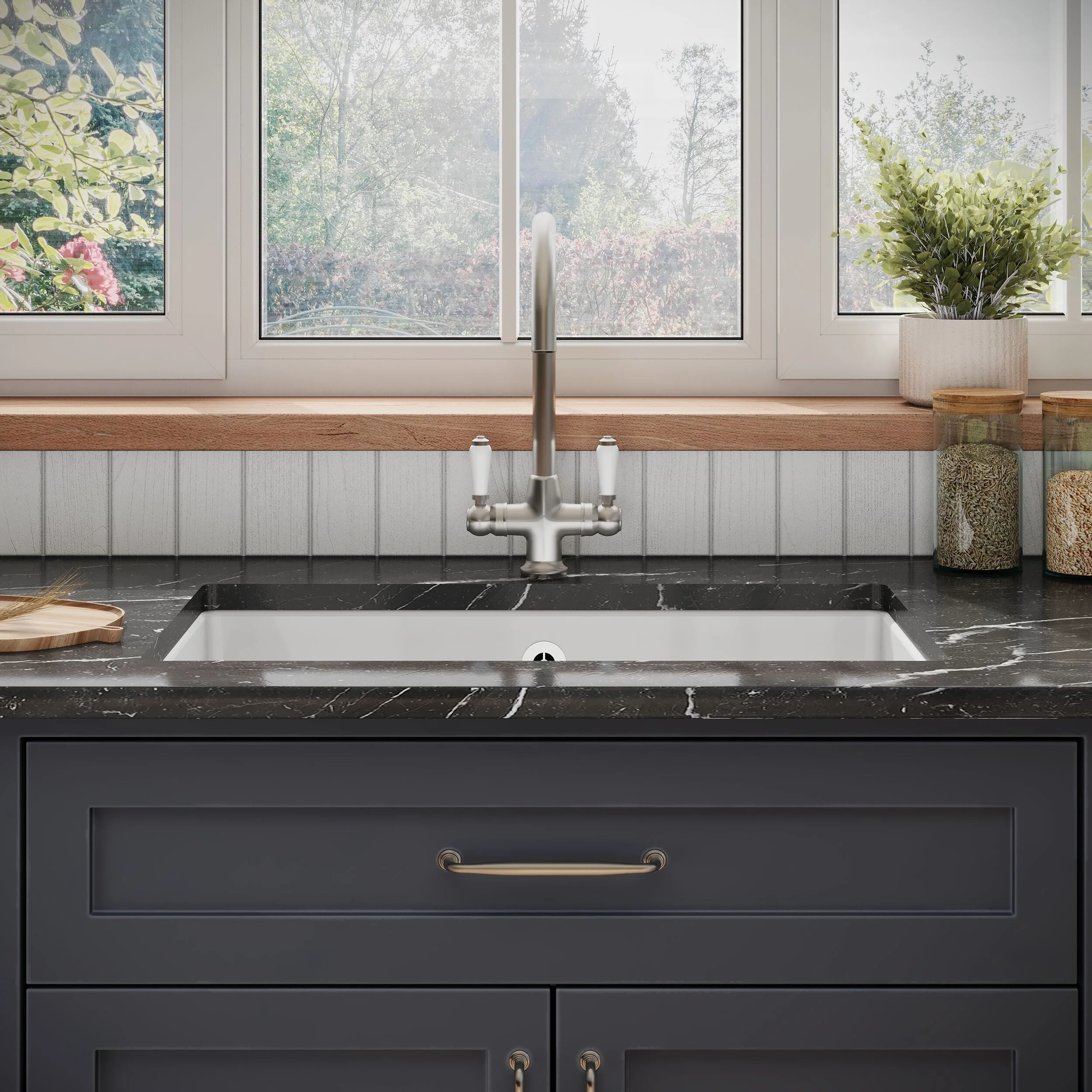 Single Bowl Fireclay Ceramic Rectangular Undermount Kitchen Sink with Overflow - 763mm - Image 2