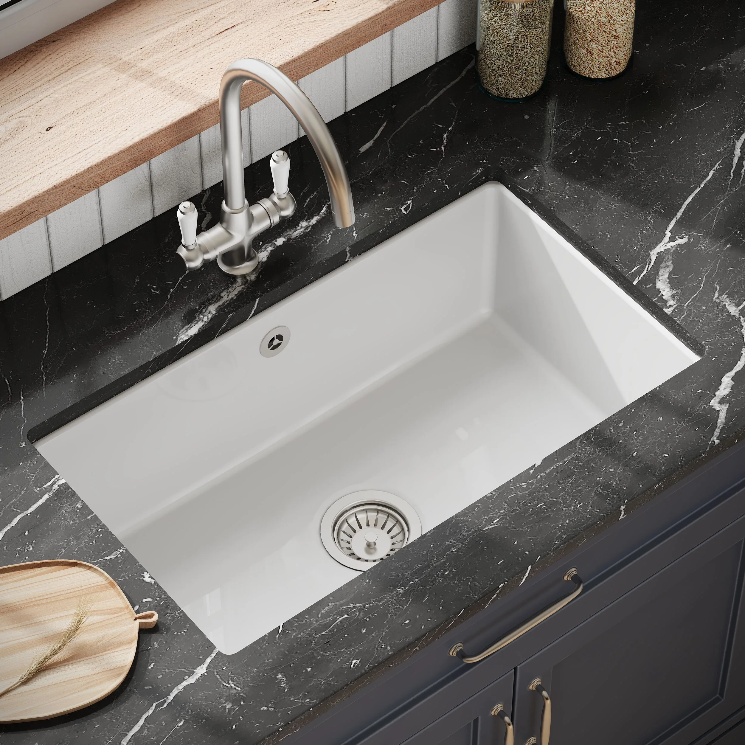 Single Bowl Fireclay Ceramic Rectangular Undermount Kitchen Sink with Overflow - 763mm - Image 3