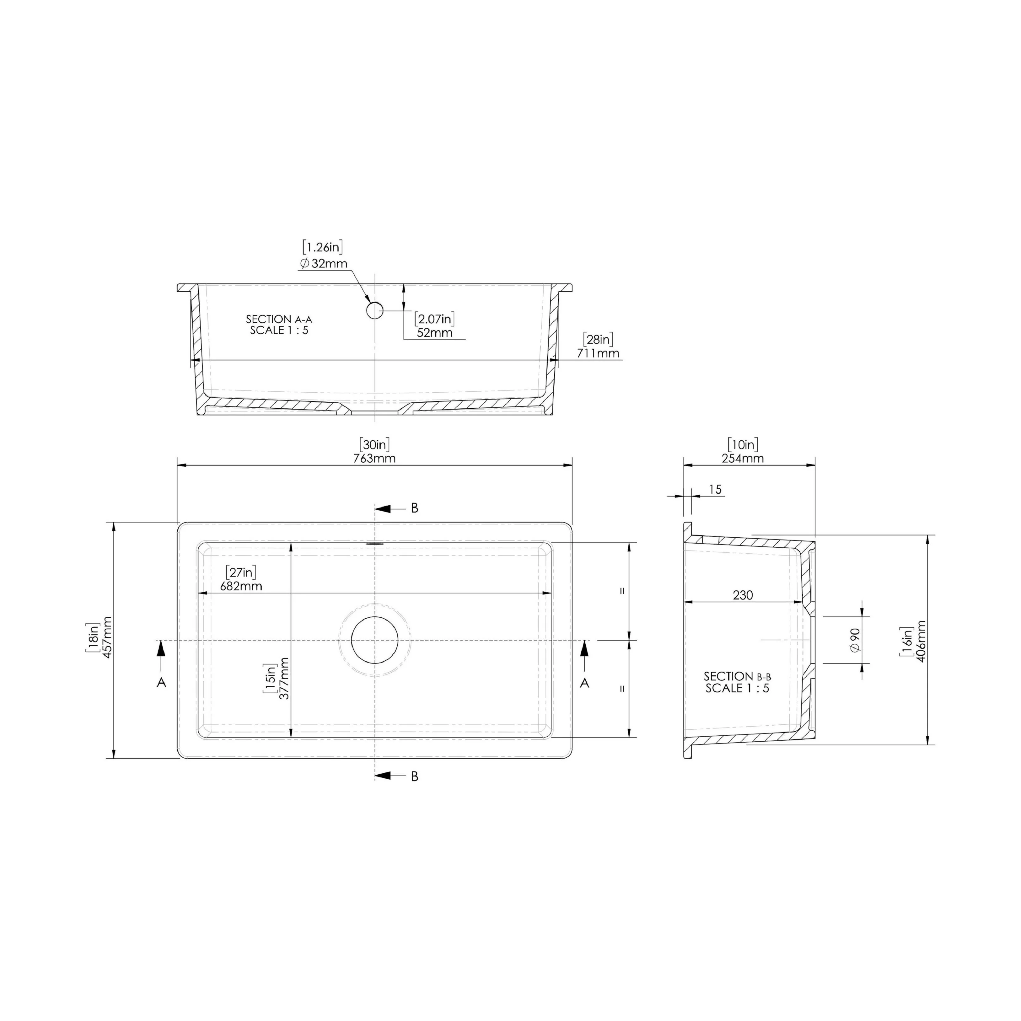 Single Bowl Fireclay Ceramic Rectangular Undermount Kitchen Sink with Overflow - 763mm - Image 5