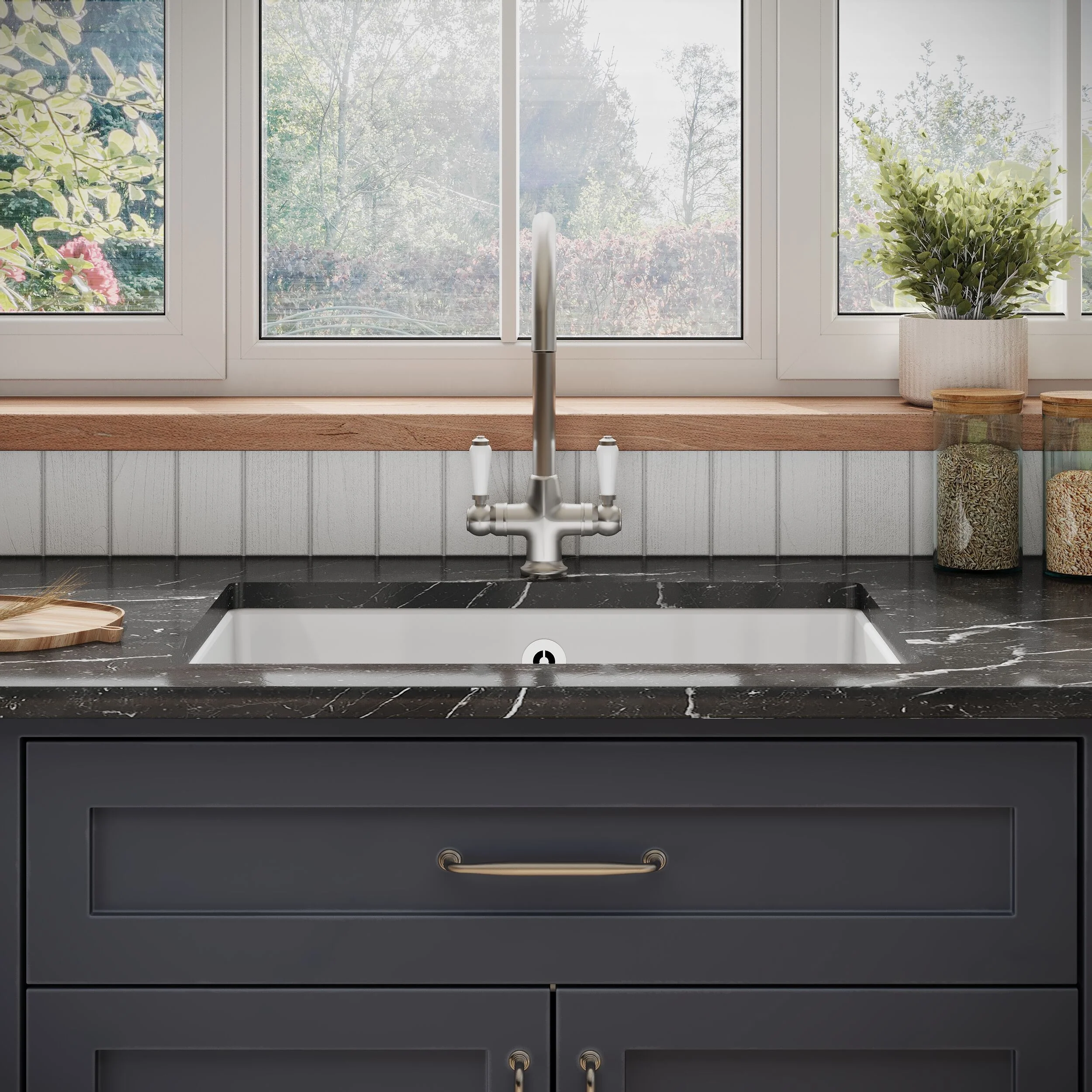 Single Bowl Fireclay Ceramic Undermount Kitchen Sink with Overflow and Central Waste Position - 711mm - Image 2