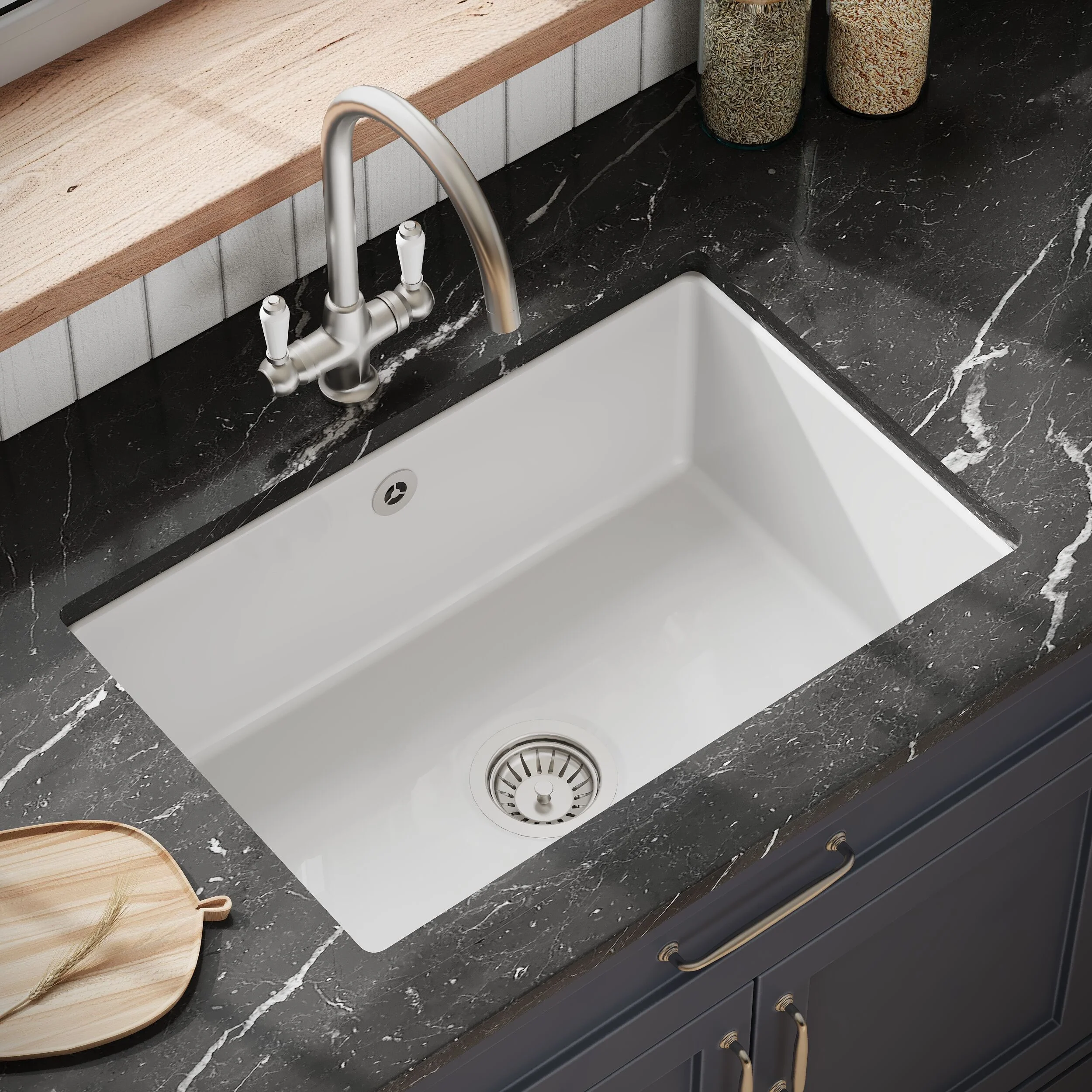 Single Bowl Fireclay Ceramic Undermount Kitchen Sink with Overflow and Central Waste Position - 711mm - Image 3