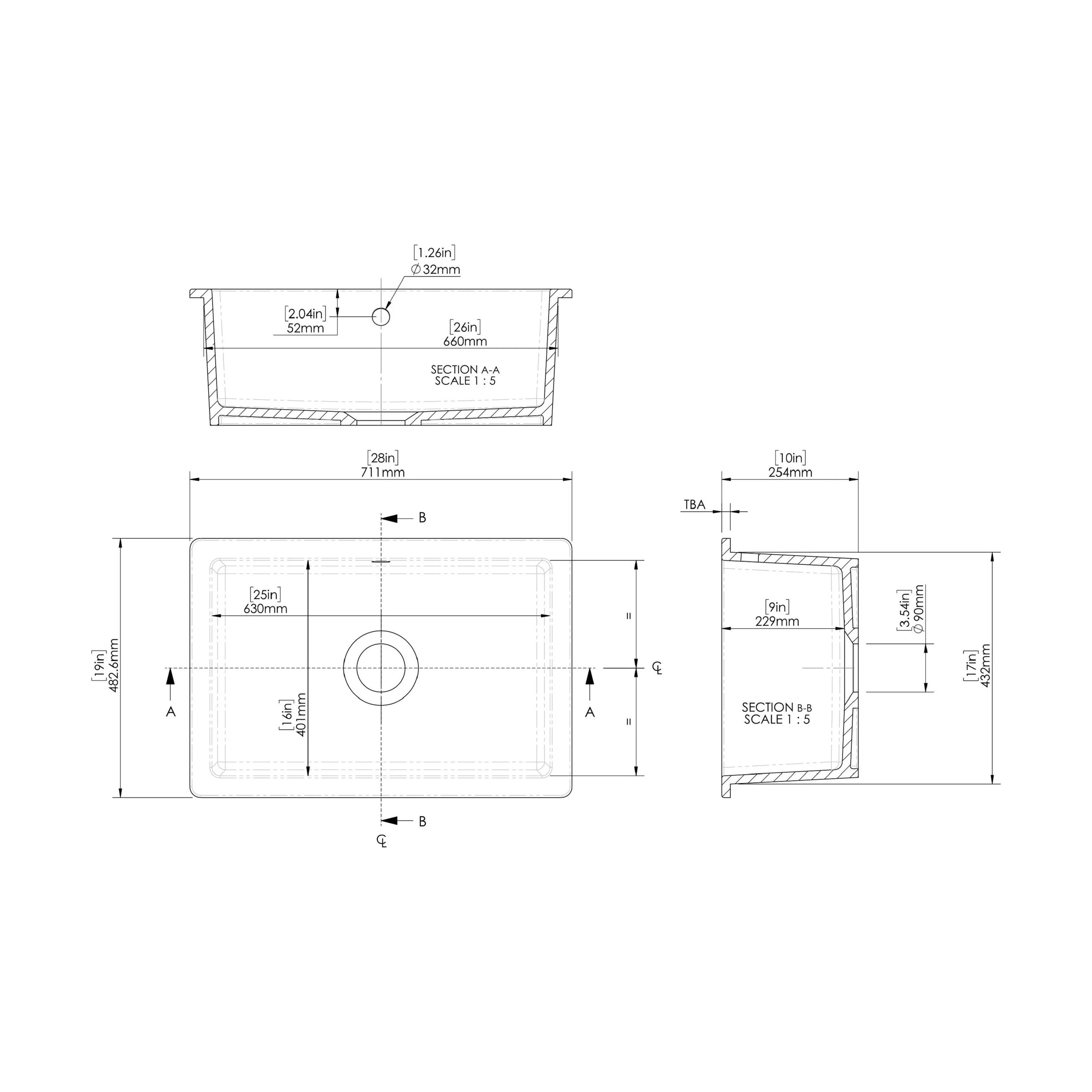 Single Bowl Fireclay Ceramic Undermount Kitchen Sink with Overflow and Central Waste Position - 711mm - Image 5