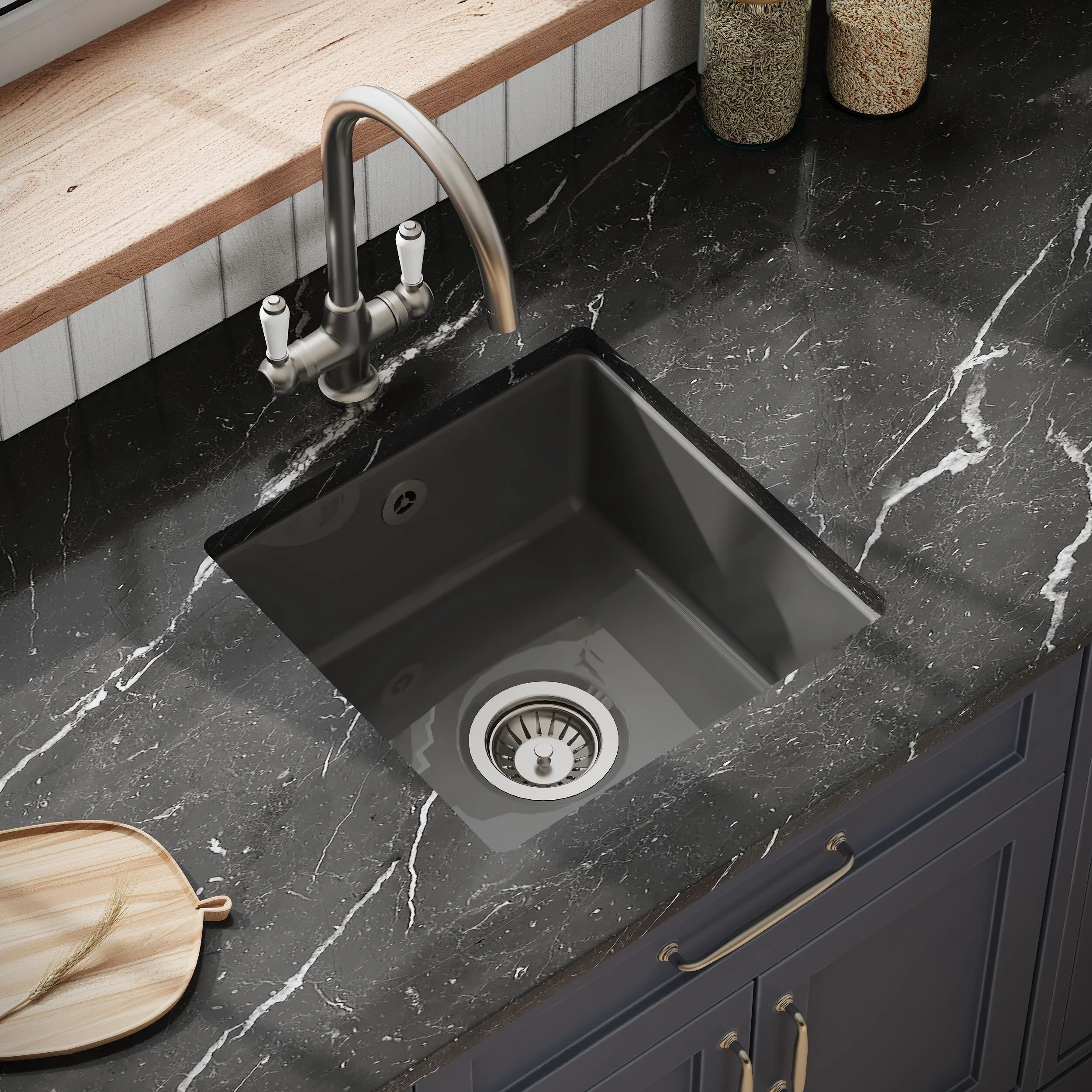 Fireclay Single Bowl Square Undermount Kitchen Sink with Overflow - 457mm - Multiple Colours - Image 6