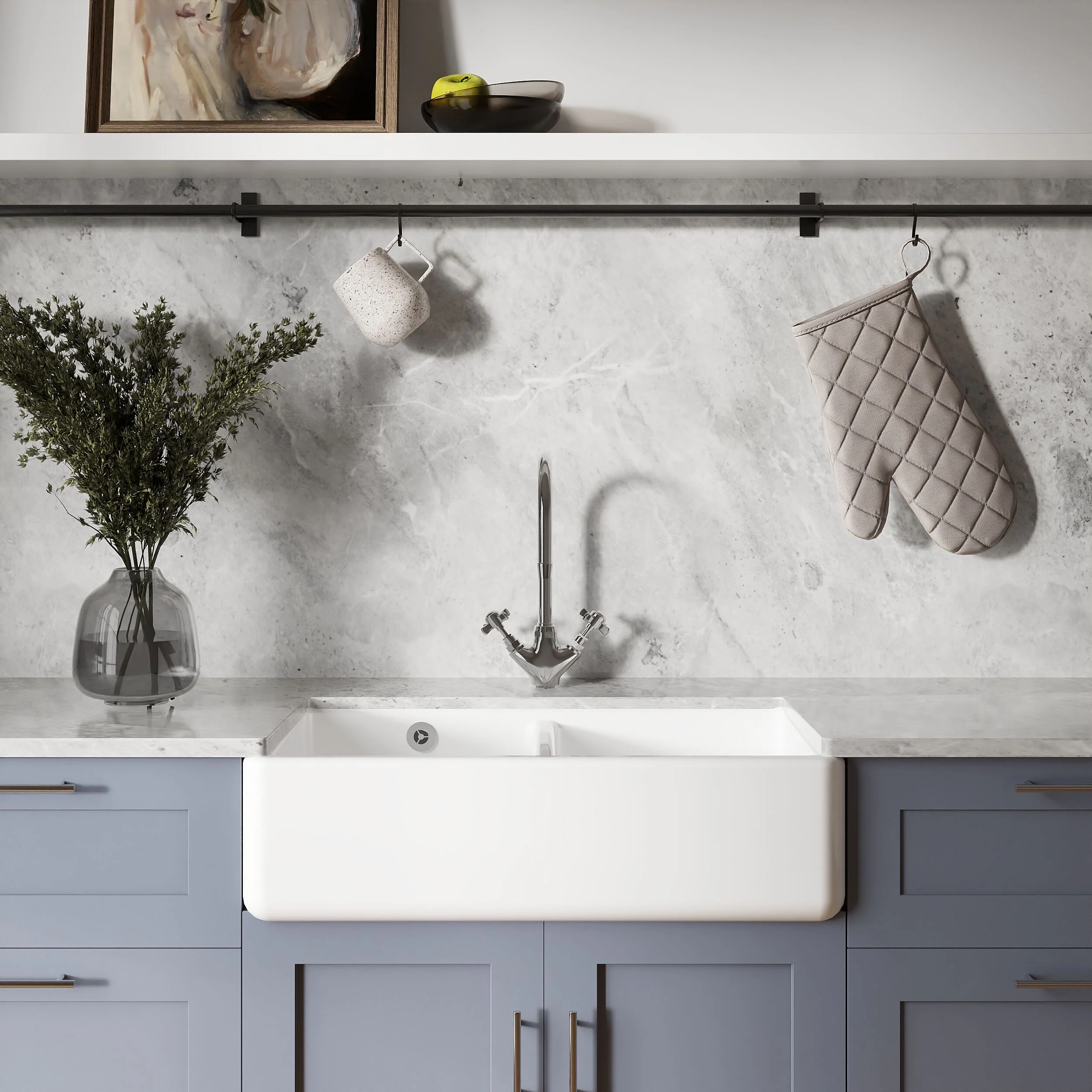 Traditional Double Bowl Fireclay Ceramic Butler Kitchen Sink with Stepped Weir and Overflow - 795mm - Image 2
