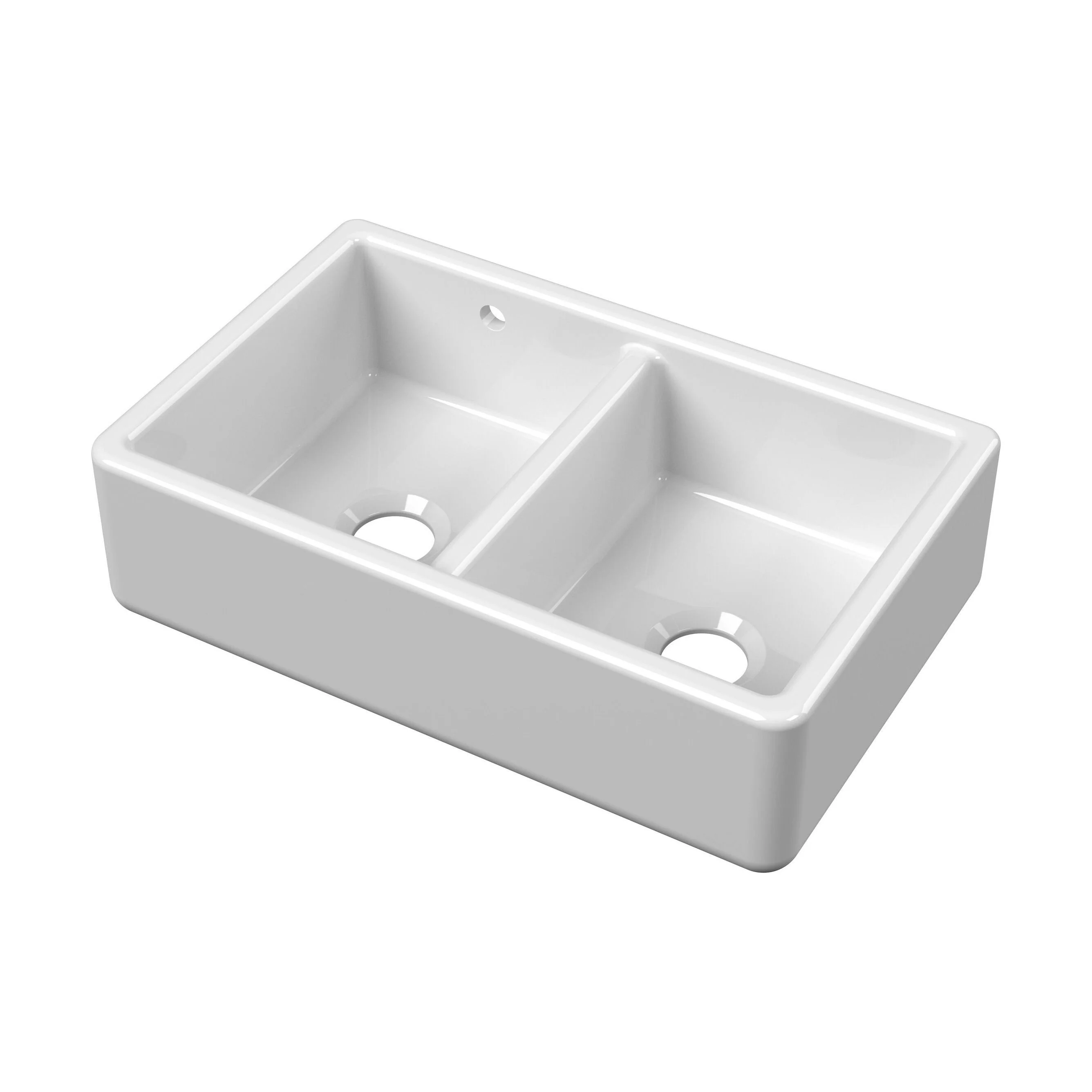 Traditional Double Bowl Fireclay Ceramic Butler Kitchen Sink with Stepped Weir and Overflow - 795mm - Image 4