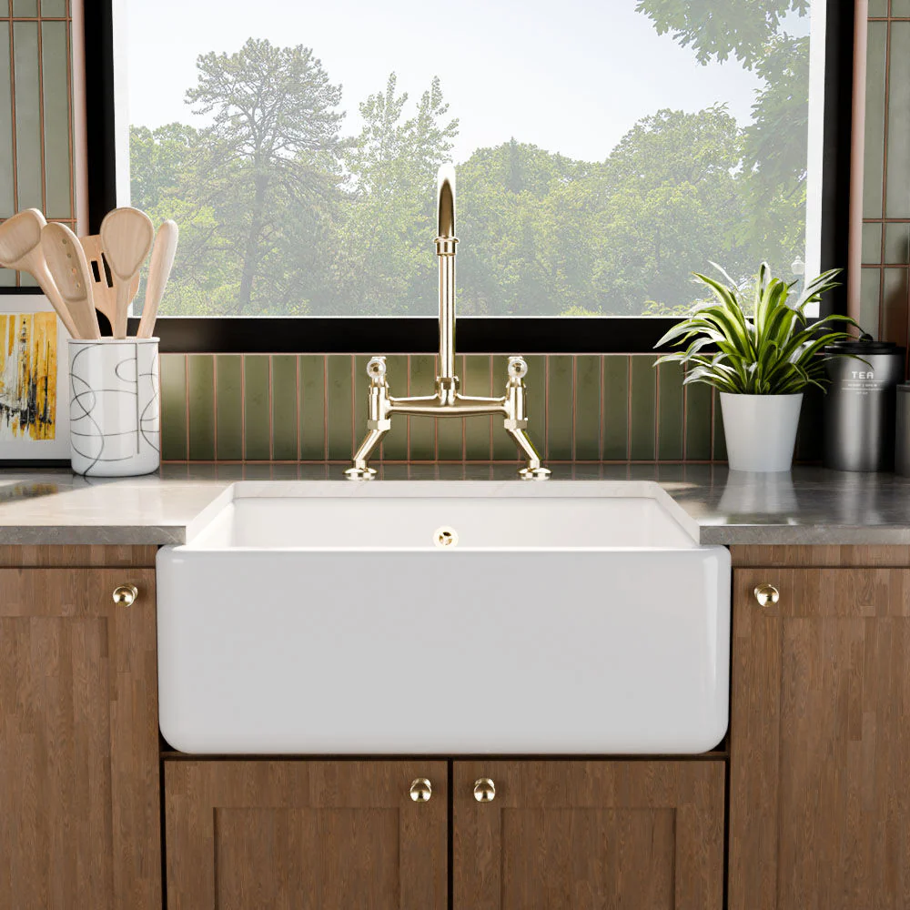 Traditional Single Bowl Fireclay Ceramic Butler Kitchen Sink with Overflow - 595mm - Image 2