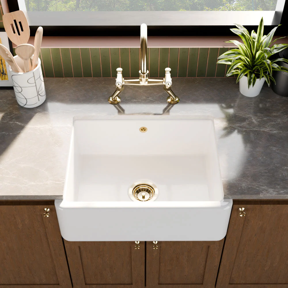Traditional Single Bowl Fireclay Ceramic Butler Kitchen Sink with Overflow - 595mm - Image 3