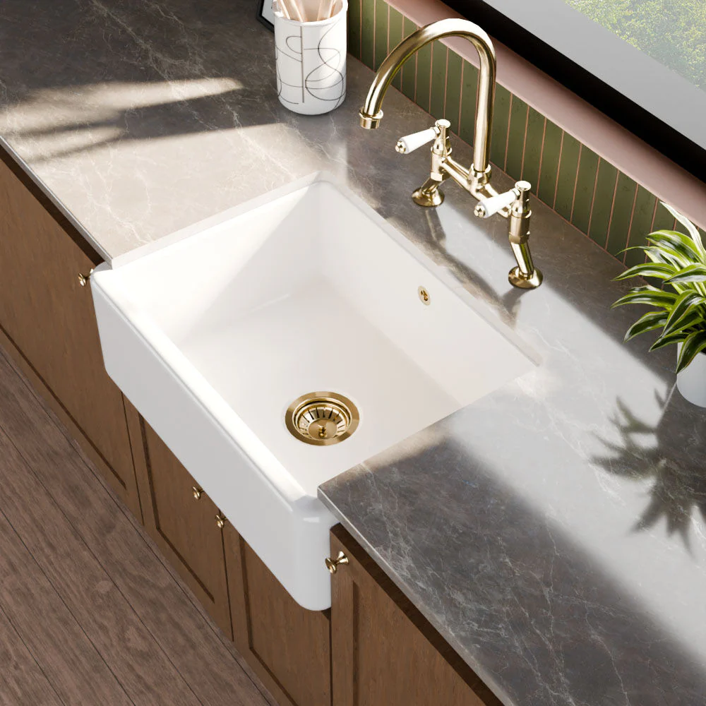 Traditional Single Bowl Fireclay Ceramic Butler Kitchen Sink with Overflow - 595mm - Image 4