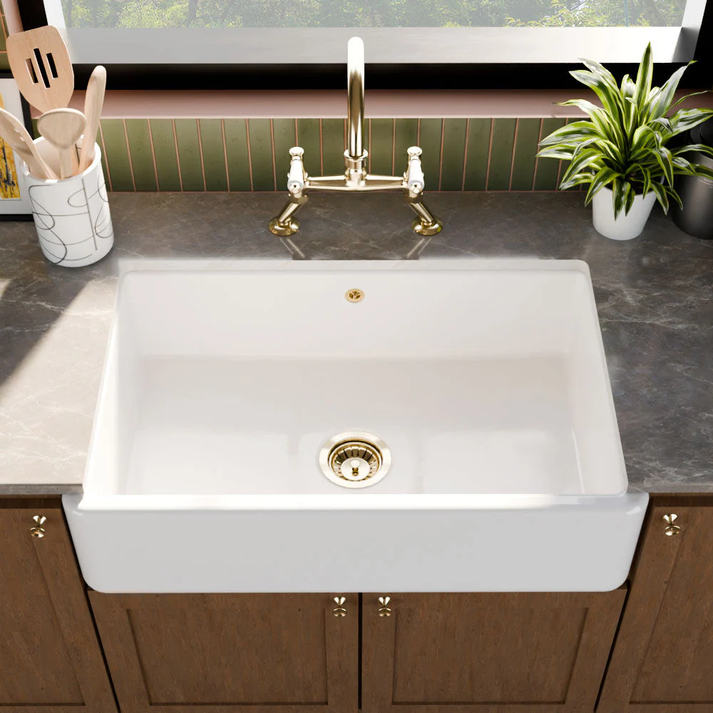 Traditional Single Bowl Fireclay Ceramic Butler Kitchen Sink with Overflow - 795mm - Image 3