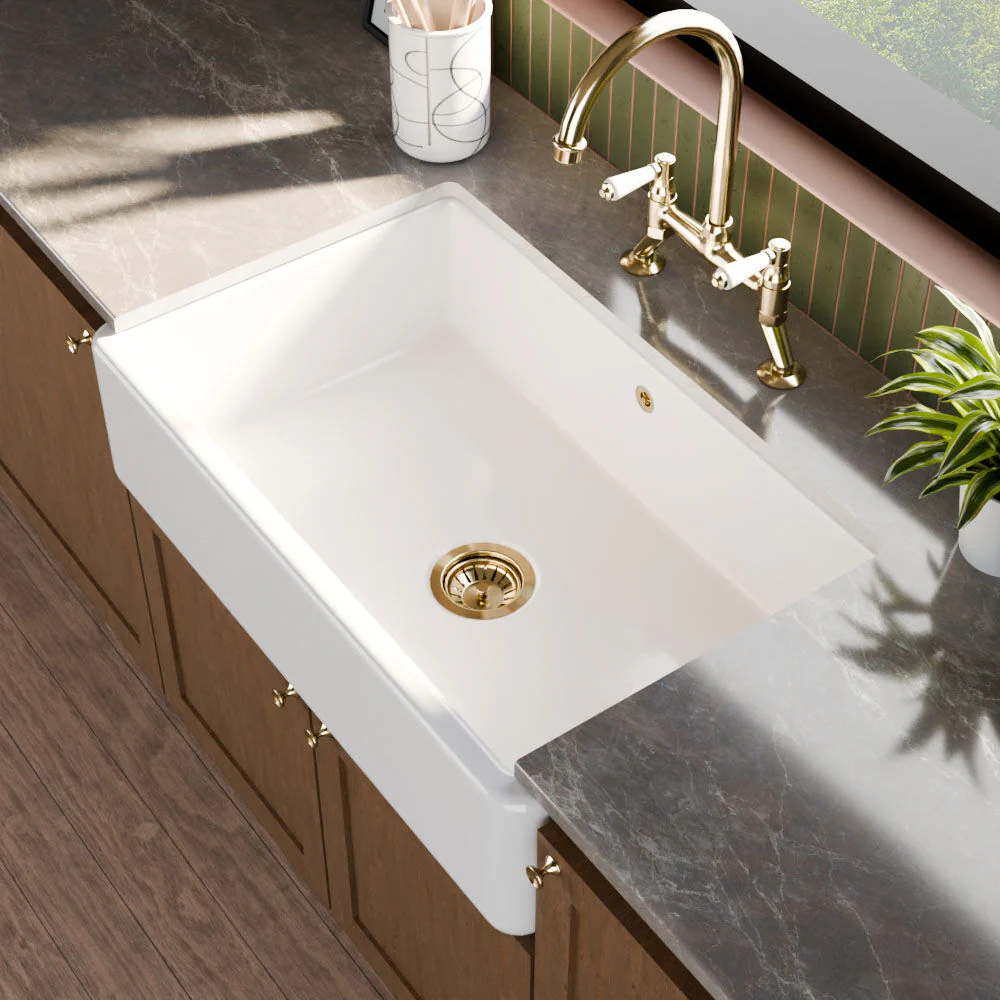 Traditional Single Bowl Fireclay Ceramic Butler Kitchen Sink with Overflow - 795mm - Image 4