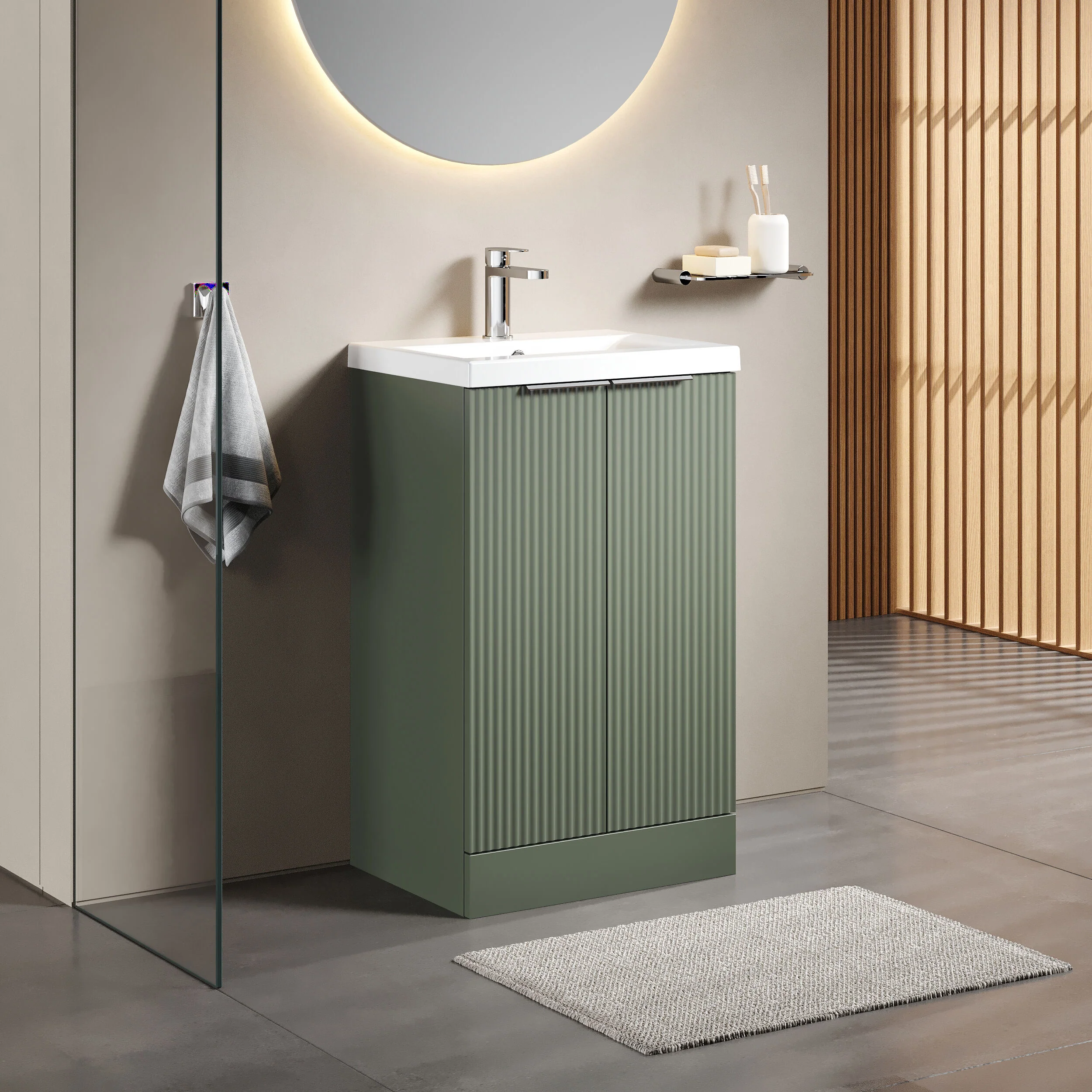 Tixall Fluted Front Floor Standing Vanity Basin Unit with Choice of Size, Colour and Handle Options - Image 100