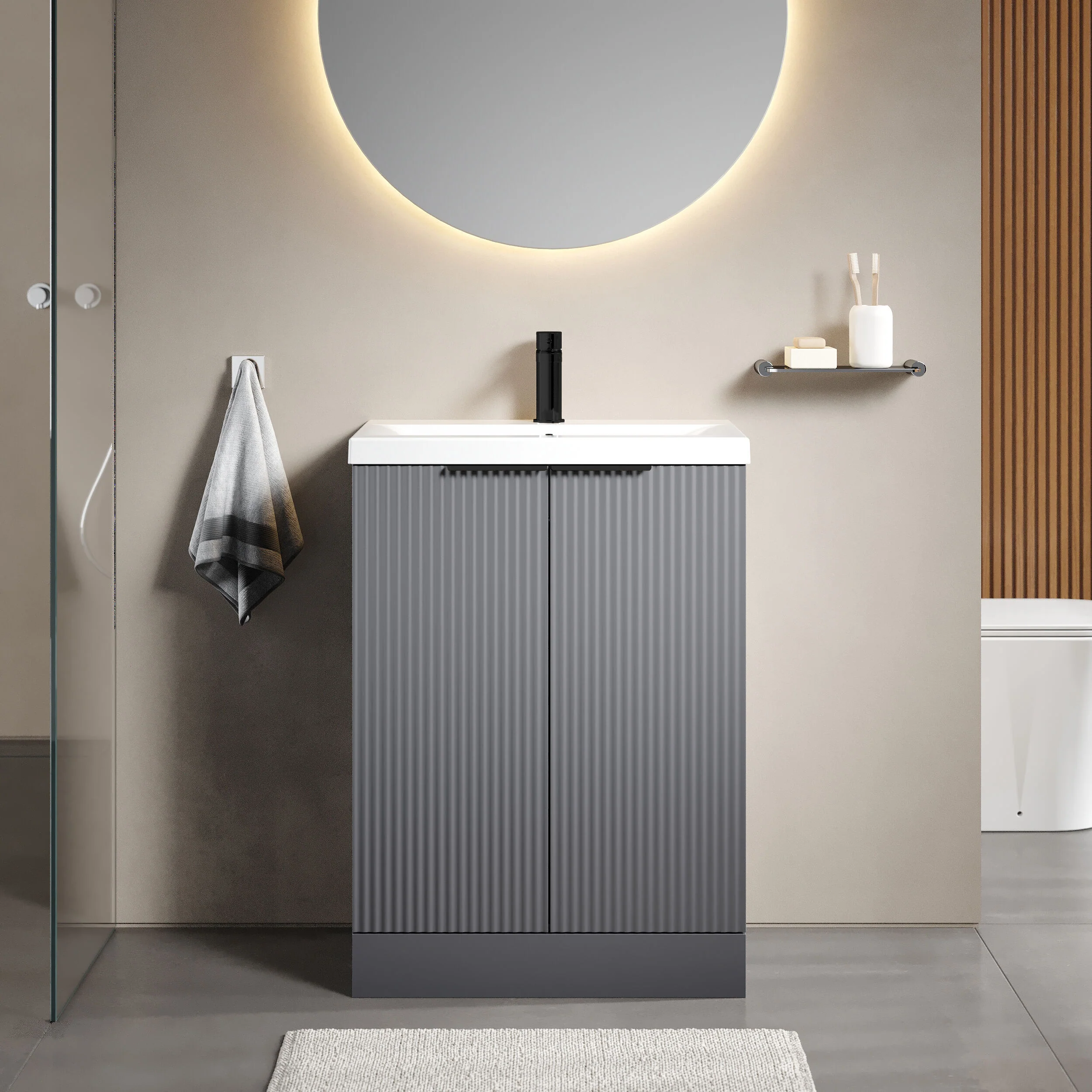 Tixall Fluted Front Floor Standing Vanity Basin Unit with Choice of Size, Colour and Handle Options - Image 36
