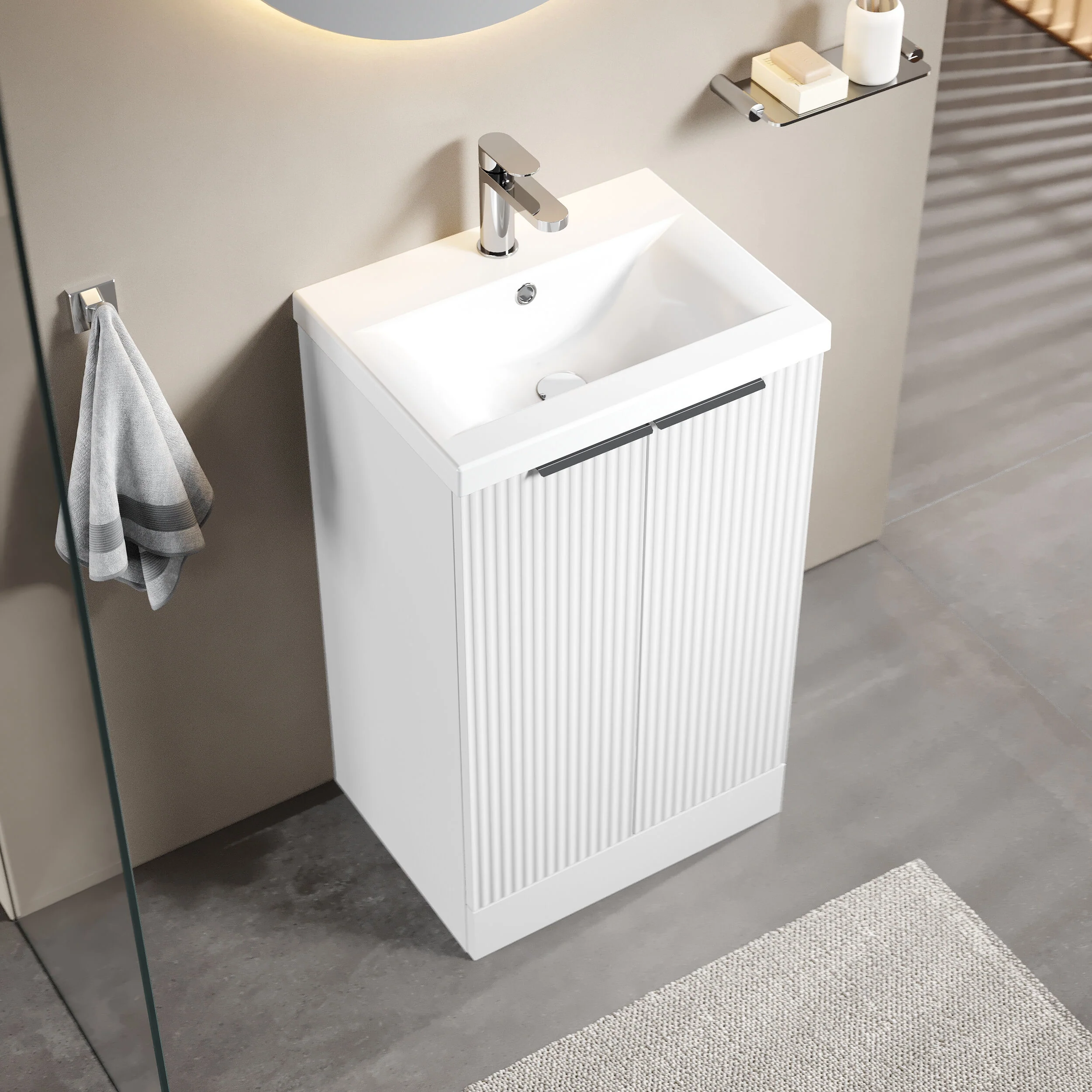 Tixall Fluted Front Floor Standing Vanity Basin Unit with Choice of Size, Colour and Handle Options - Image 49