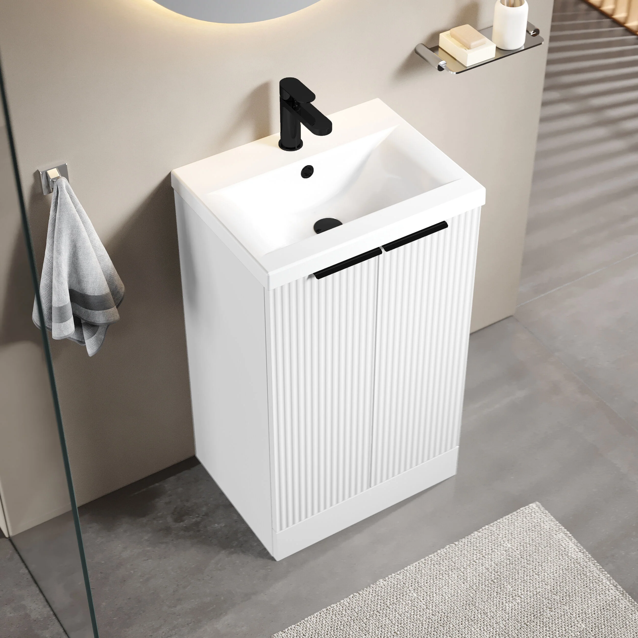 Tixall Fluted Front Floor Standing Vanity Basin Unit with Choice of Size, Colour and Handle Options - Image 50