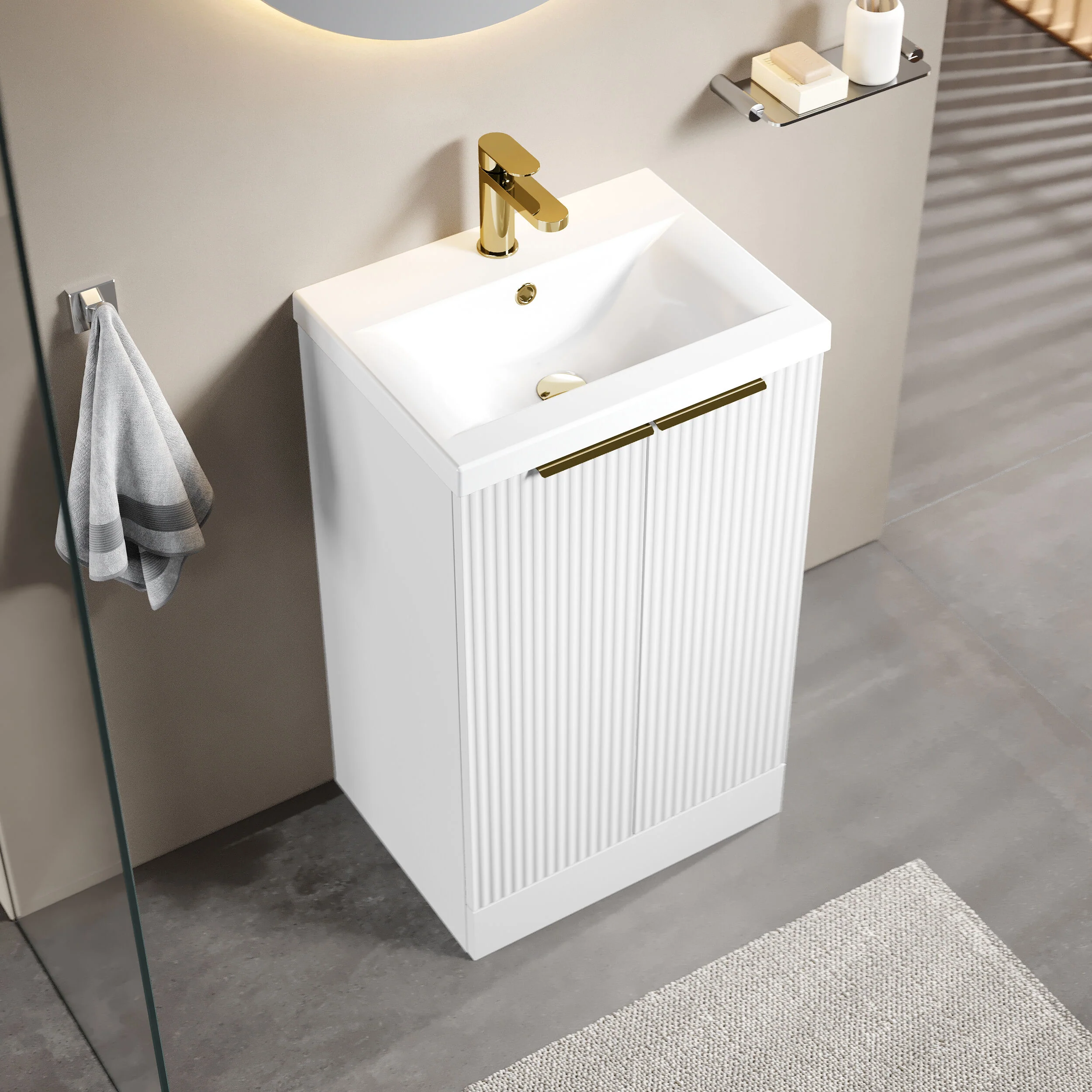 Tixall Fluted Front Floor Standing Vanity Basin Unit with Choice of Size, Colour and Handle Options - Image 51