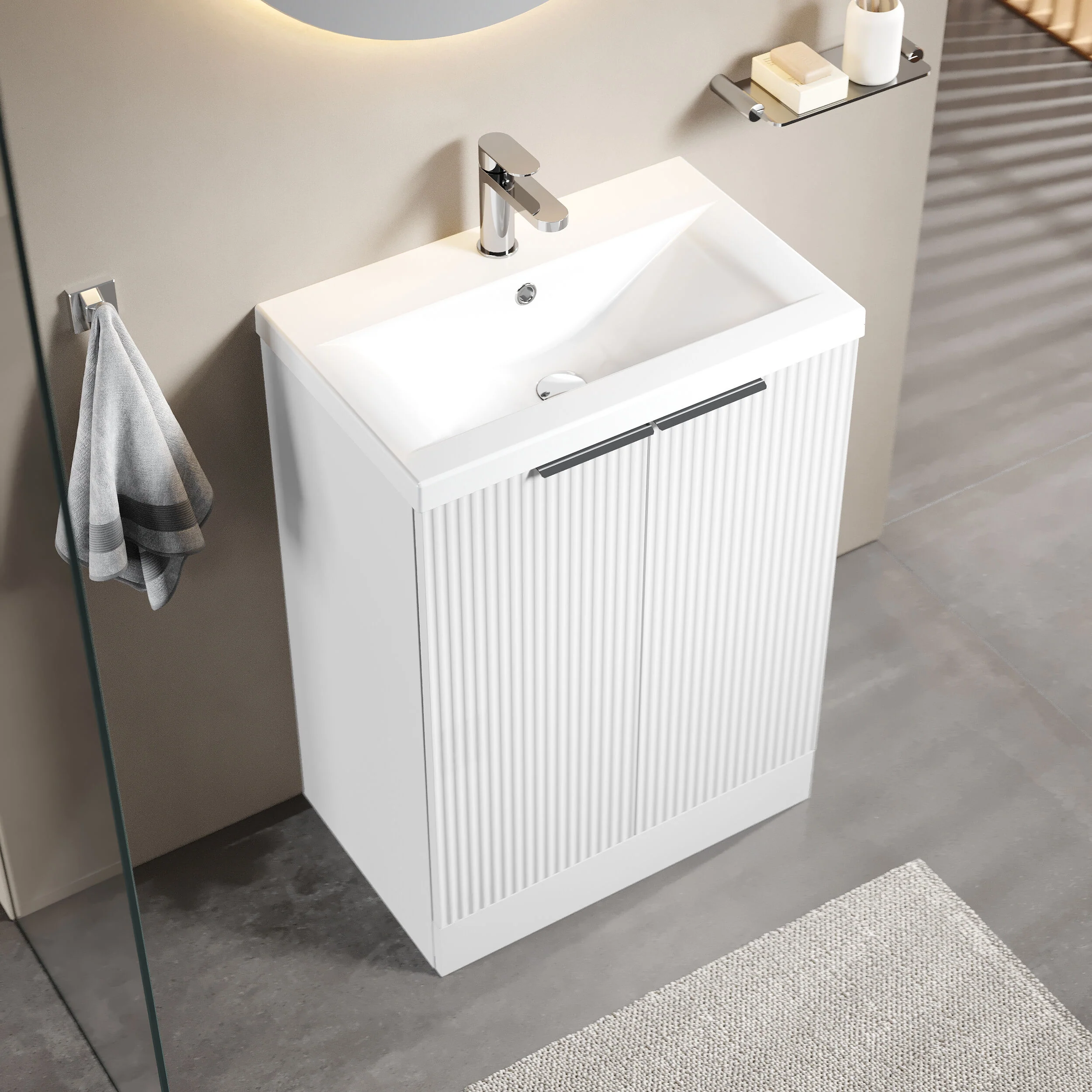 Tixall Fluted Front Floor Standing Vanity Basin Unit with Choice of Size, Colour and Handle Options - Image 52
