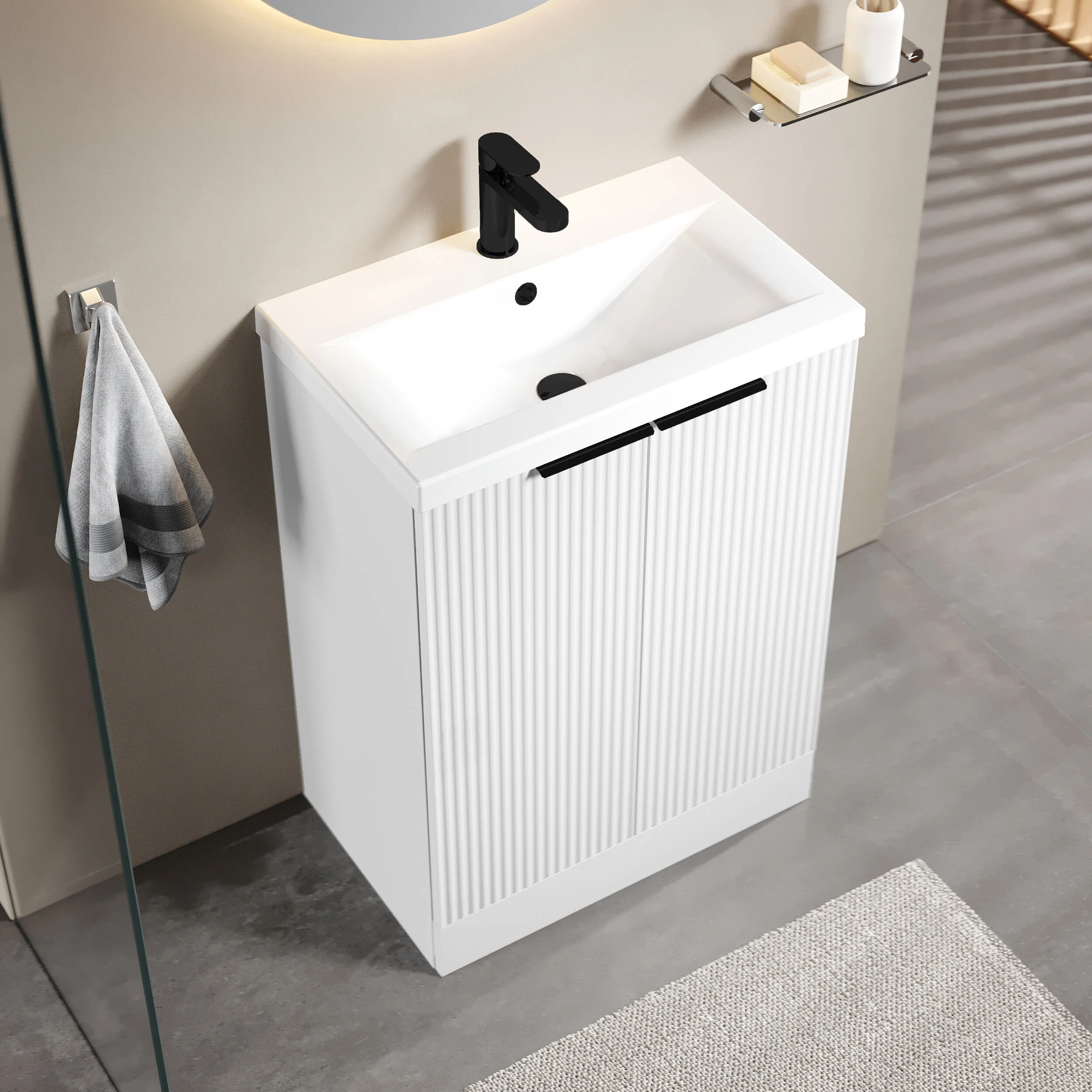 Tixall Fluted Front Floor Standing Vanity Basin Unit with Choice of Size, Colour and Handle Options - Image 53