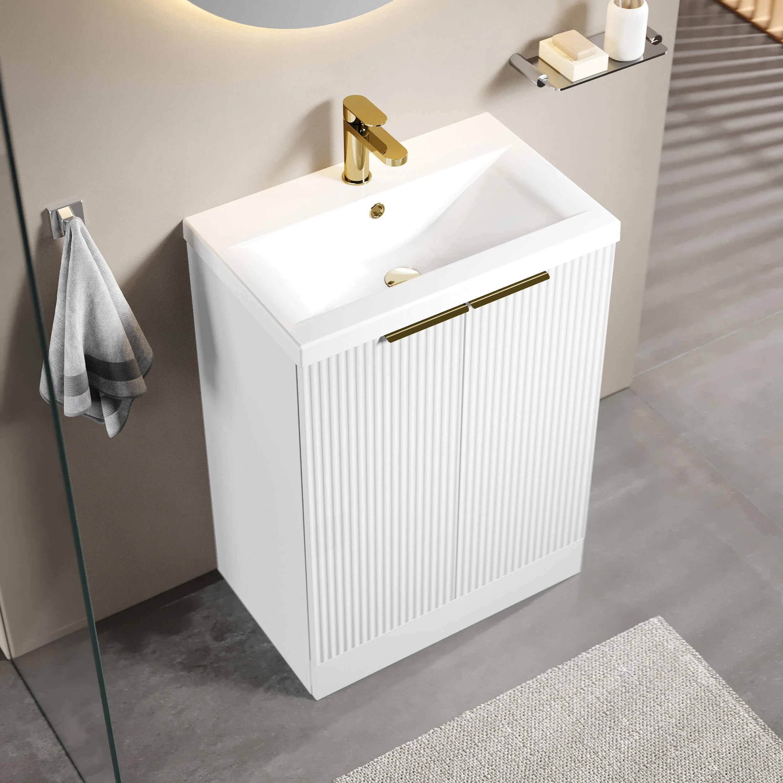Tixall Fluted Front Floor Standing Vanity Basin Unit with Choice of Size, Colour and Handle Options - Image 54