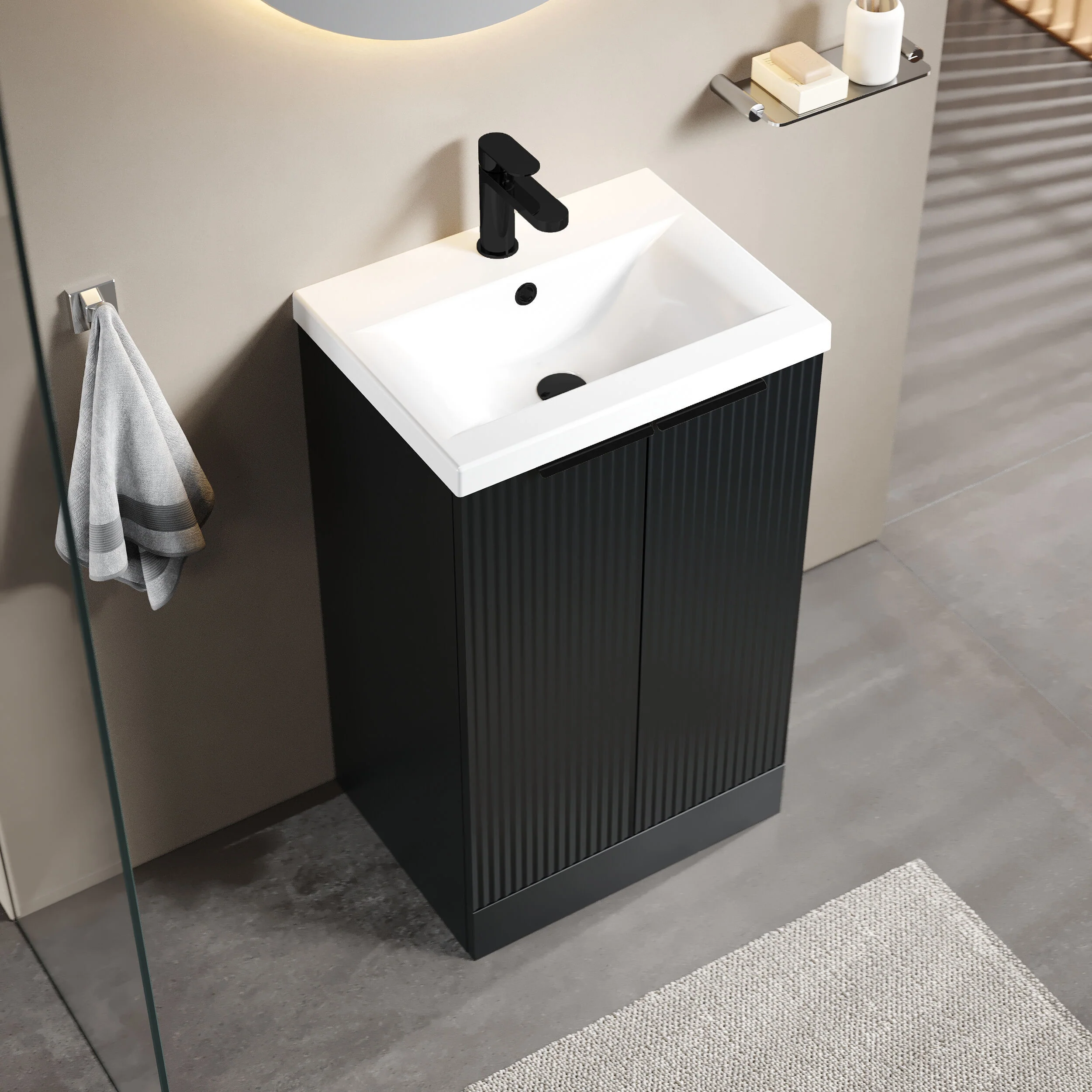 Tixall Fluted Front Floor Standing Vanity Basin Unit with Choice of Size, Colour and Handle Options - Image 56