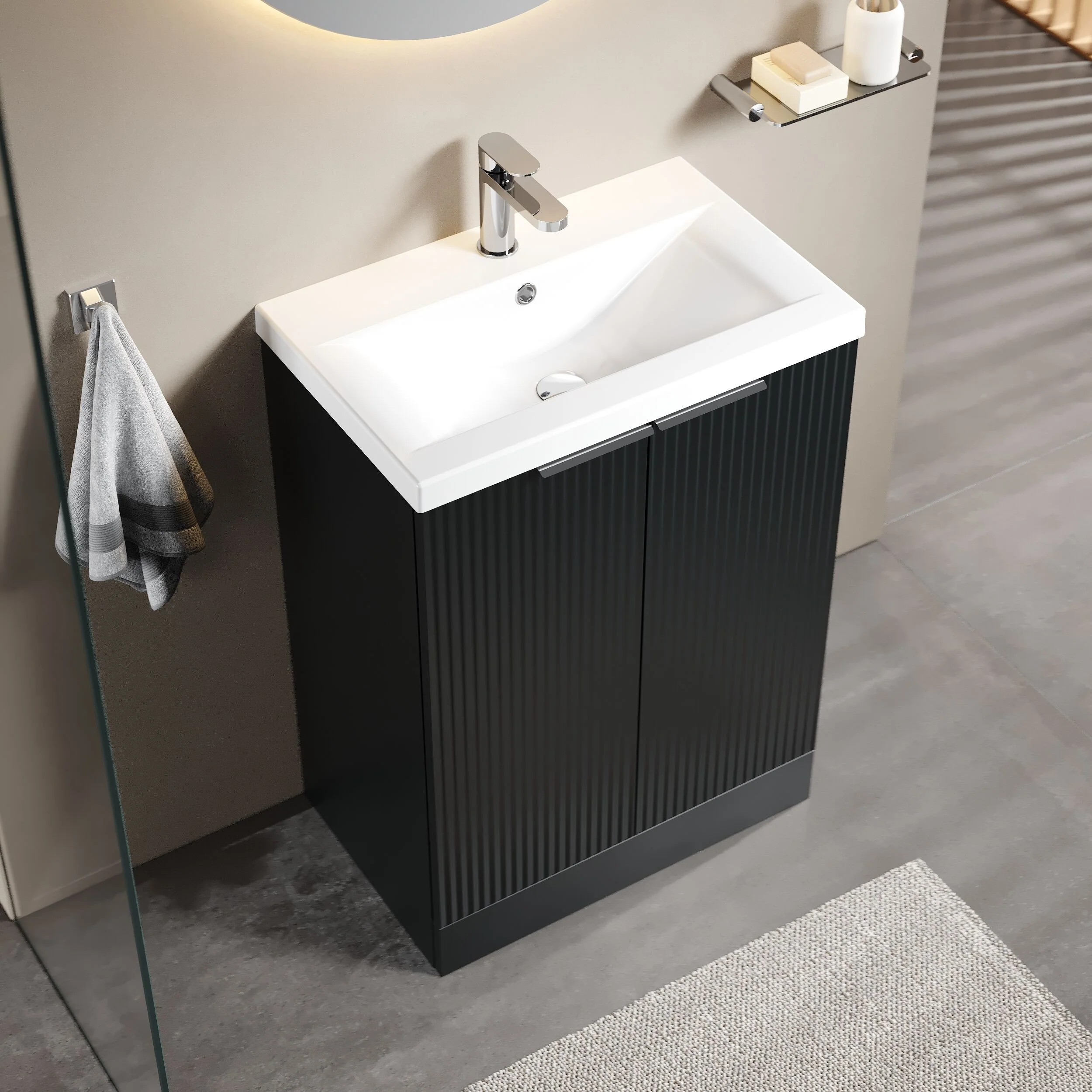 Tixall Fluted Front Floor Standing Vanity Basin Unit with Choice of Size, Colour and Handle Options - Image 58