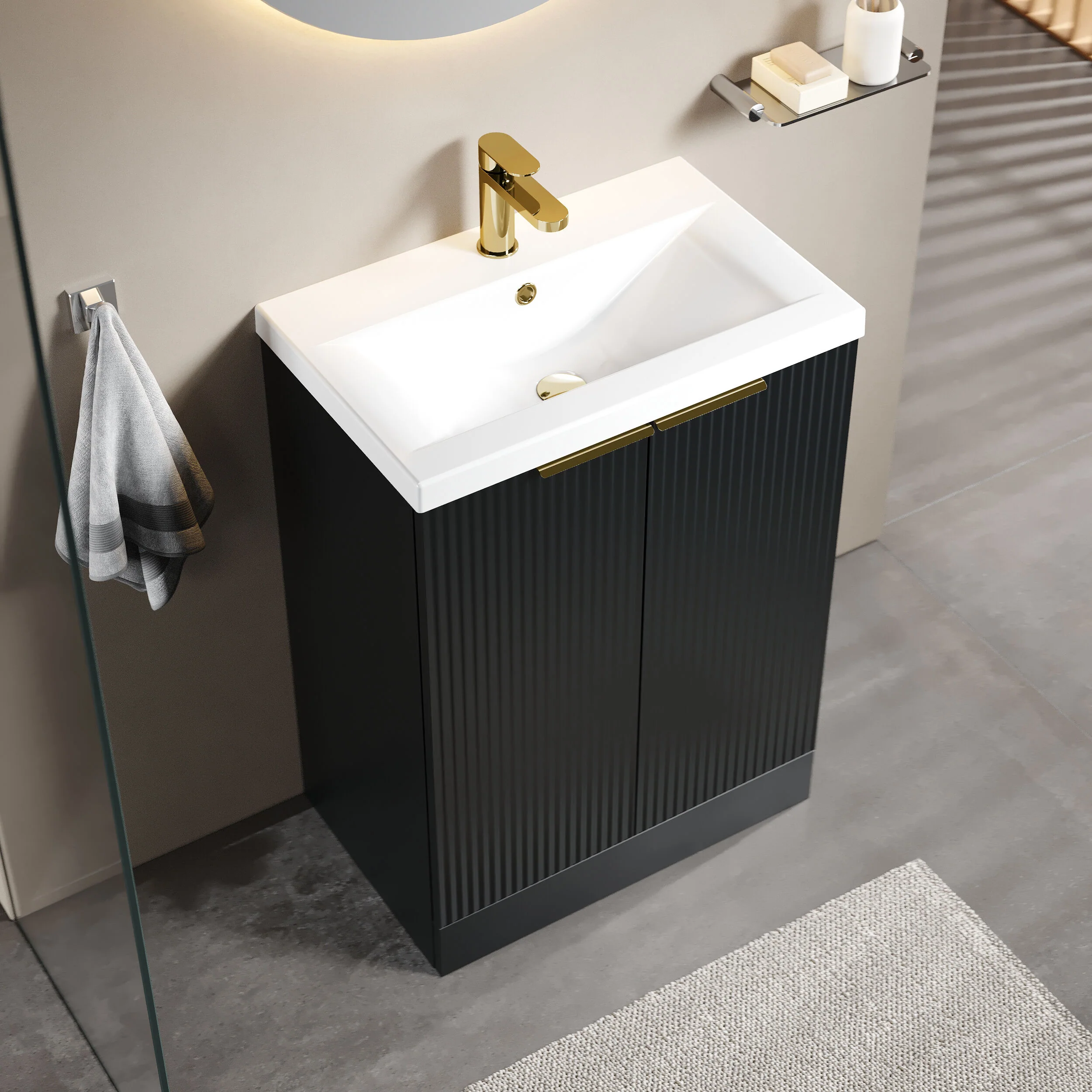 Tixall Fluted Front Floor Standing Vanity Basin Unit with Choice of Size, Colour and Handle Options - Image 60